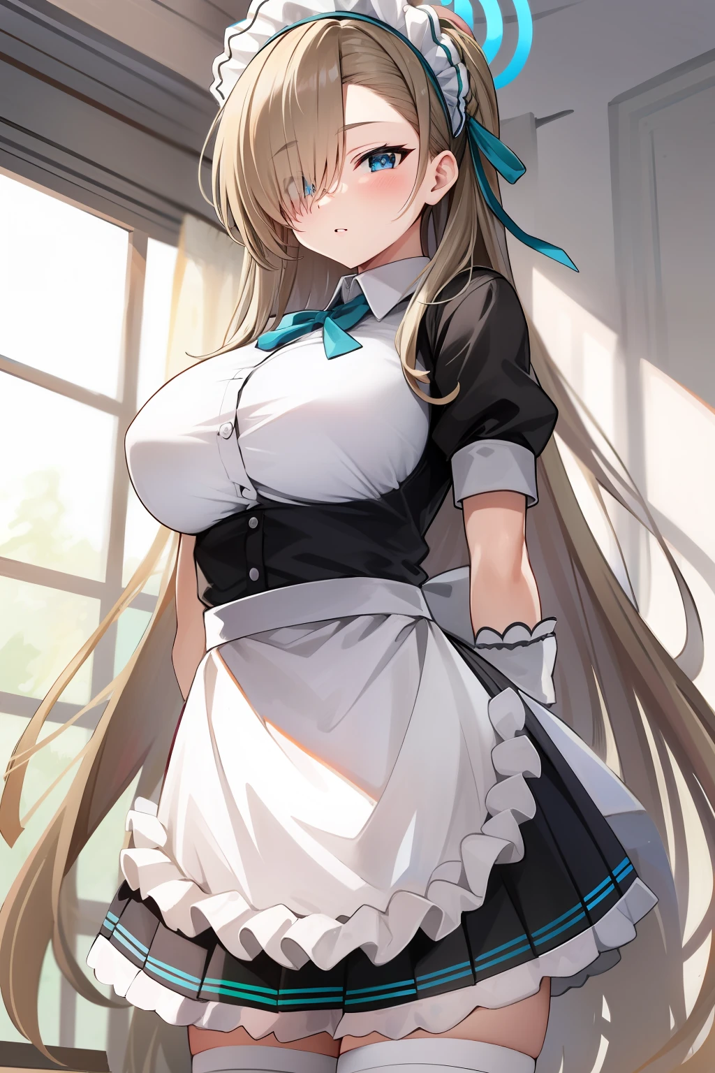 (highres), (absurdres), (best quality), (high quality), (masterpiece), 1girl, asuna, blue eyes, long hair, halo, hair over one eye, very long hair, light brown hair, (large breasts), hair ribbon, maid, maid headdress, apron, frills, frilled apron, puffy sleeves, short sleeves, white gloves, white thighhighs, arms behind back, looking at viewer,