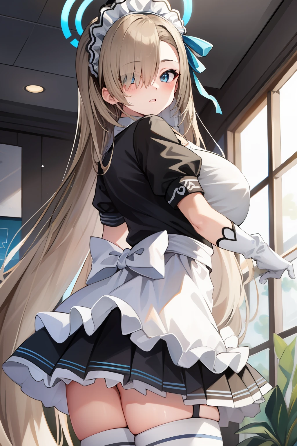 (highres), (absurdres), (best quality), (high quality), (masterpiece), 1girl, asuna, blue eyes, long hair, halo, hair over one eye, very long hair, light brown hair, (large breasts), hair ribbon, maid, maid headdress, apron, frills, frilled apron, puffy sleeves, short sleeves, white gloves, white thighhighs, arms behind back, looking at viewer,