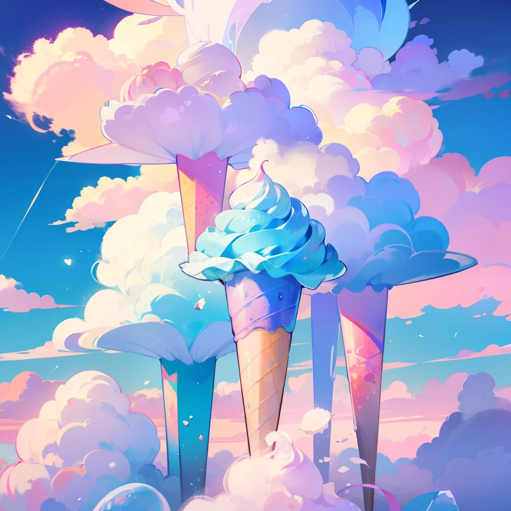 Masterpiece, Best Quality, Film Stills, No Man, Sapphire Blue and Pink as Main Colors, Clouds, Bright, Dreamy, Soft Lighting, Candy, Dessert, Ice Cream, Hazy