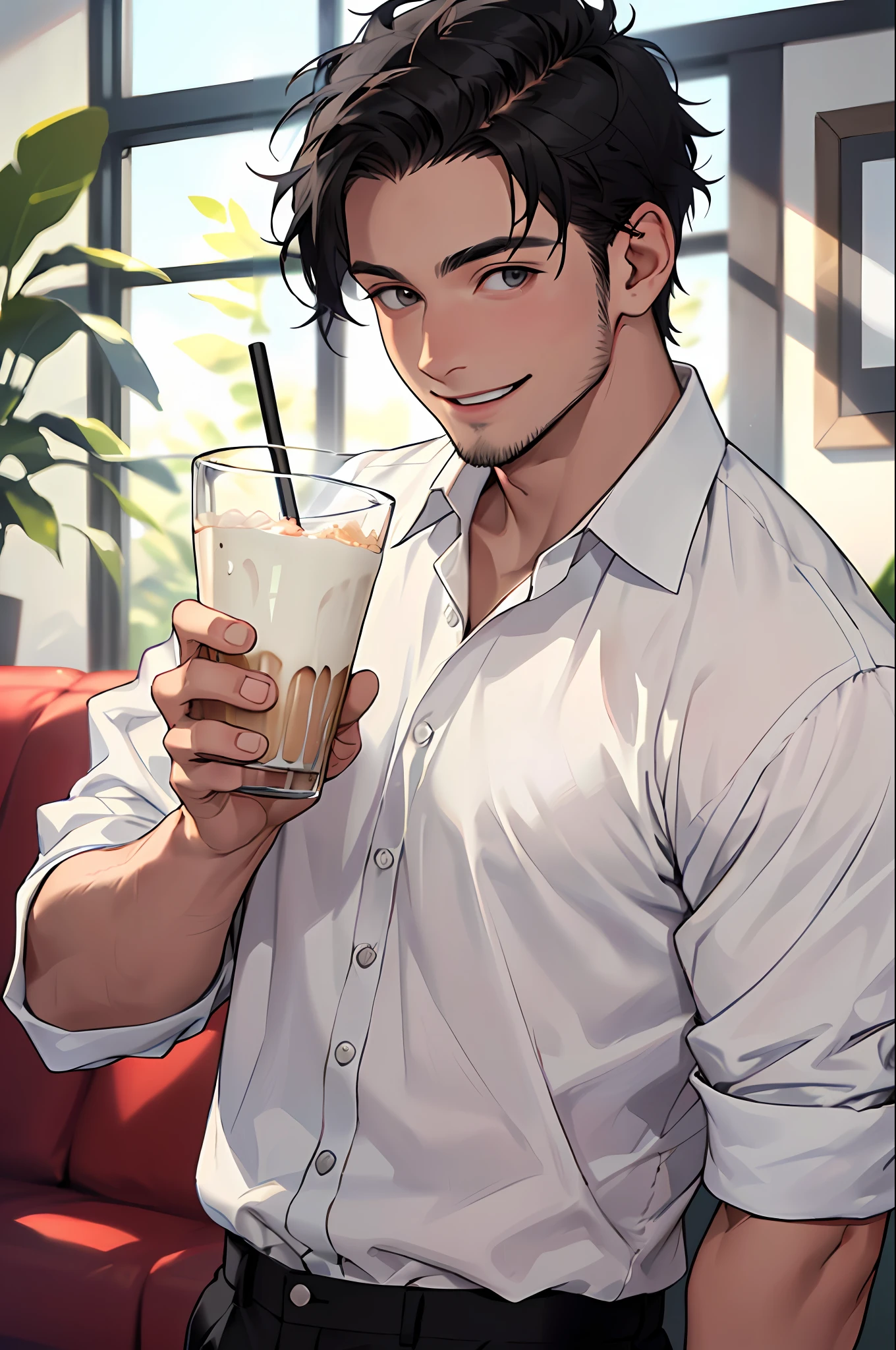 ( A 30-year-old young man in a white shirt and short black hair standing in the living room: 1.5 ) ( Young men, single: 1.8 ) ( Face close-up: 1.9 ) (Drinking a glass of milk: 1.8)(Upper body display: 1.5)( Smiling expression: 1.8 ) ( Masterpiece, Masterpiece: 1.5 )