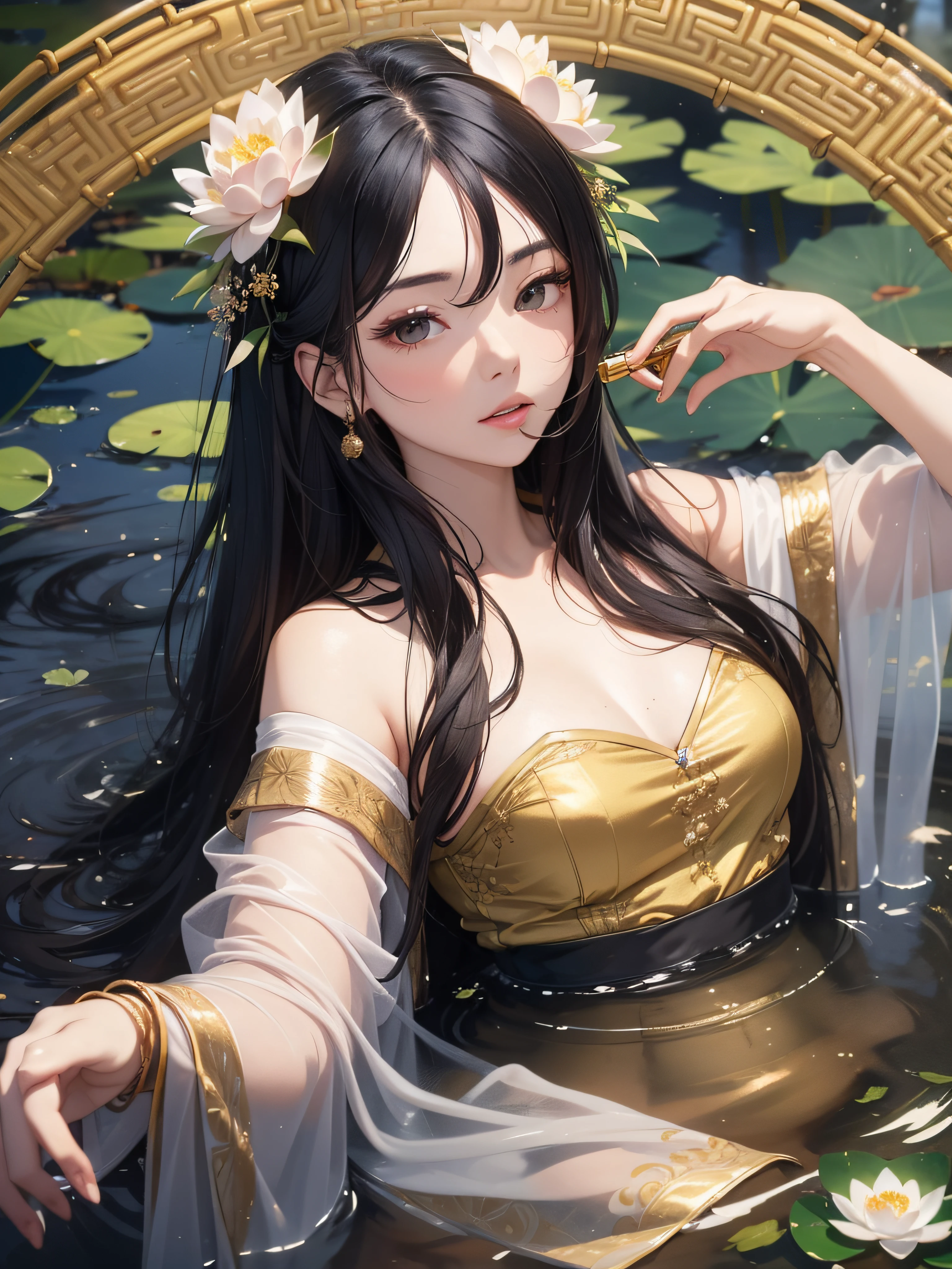 (Masterpiece), (Best Quality), (Real), (Beautiful Payback Prince with ultra-long Chinese black hair and a thin beautiful feather robe in a lotus pond shining in the moonlight)), (Looking down at the viewer with dim eyes), (Large hair ornament in the shape of a Chinese lotus)), 18 years old, dull eyes, photorealistic, (((ideal hair luster)), whole body, blowing a horizontal whistle made of bamboo