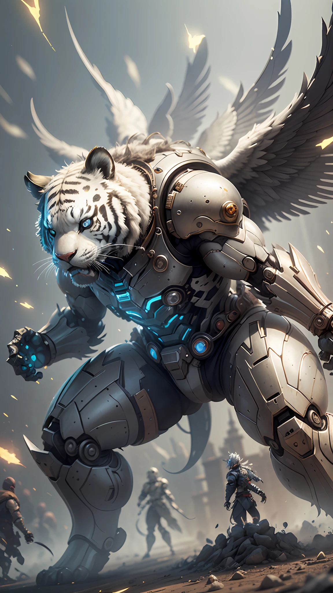 Steampunk style, cold colors, cinematic effects, huge white tiger mecha, tiger head mighty and domineering, facing the audience head-on. White-gold humanoid mecha, strong metallic luster, metallic wings on the back, wings are feathers and layered, holding Fang Tianji, Fang Tianji particle light, Fang Tianji particle special effects, aesthetic, scattered, battle posture, battle posture display, super details, perfect details, 8K, top painting, feature article, studio environment, concept art, epic composition, with HD details, metallic texture and tension composition, hyper-realistic, ultra-realistic, rich in detail, 3D. C4D, macro lens,