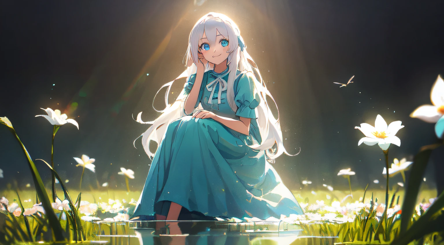masterpiece, best quality, 4k ,Summilux-M 35mm f/1.4 ASPH, photo\(object\), realism, lens glare, (close blur), scattering, transmittance, air particles, reflection, reflected light, rays, close, 1 girl, 24 years old, standing in her own light, pure face, beautiful face, nice blue eyes, tall, sitting on cyan grass, looking at the audience, beautiful eyes, flowers, chin in hand, smiling, shining, long white hair, dressed, light blue ribbon, skin transmittance,