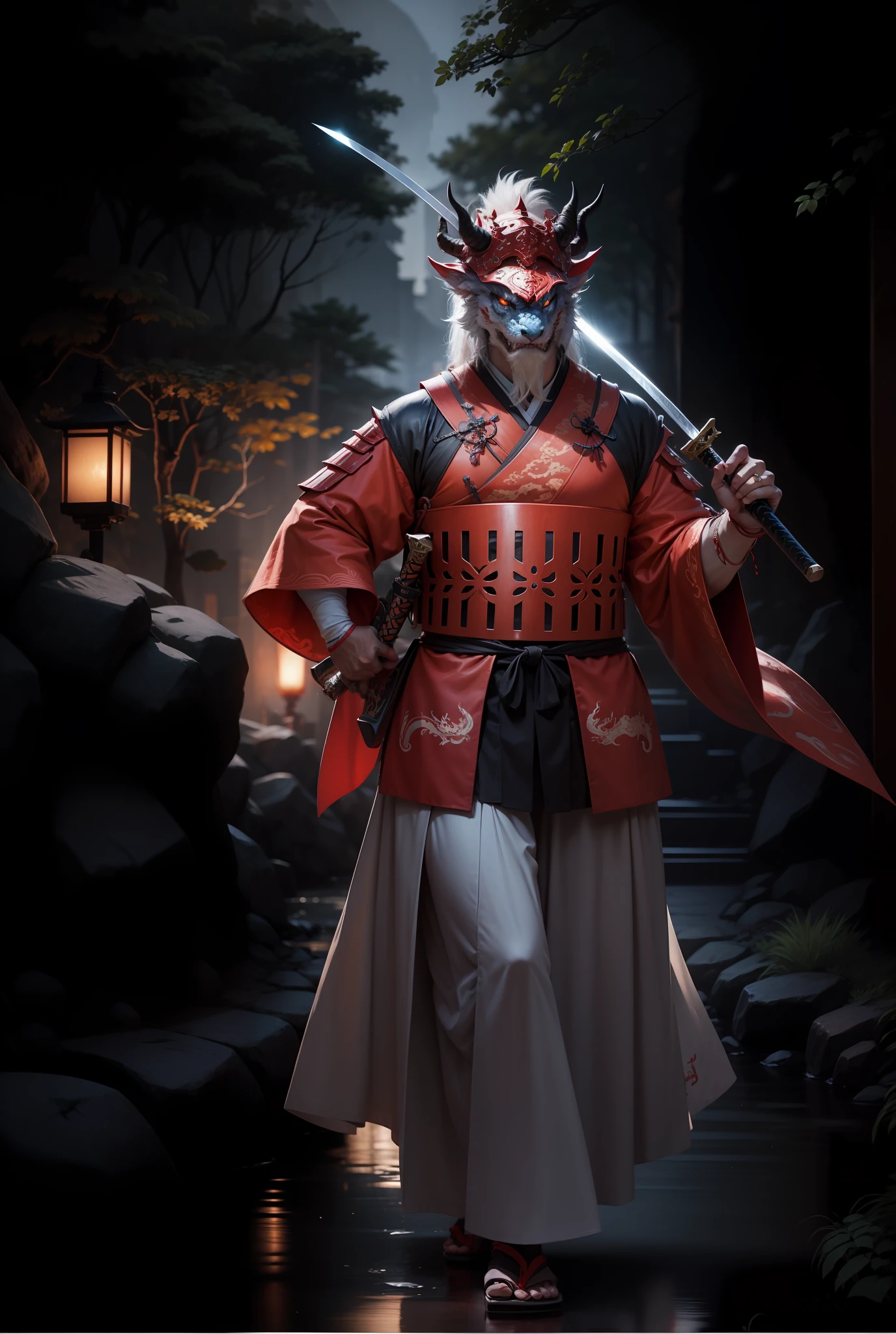 Chinese dragon face, samurai armor,4k, blue horns, holding a katana