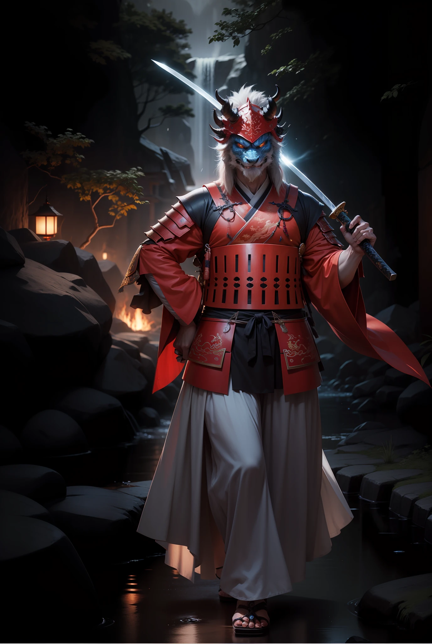 Chinese dragon face, samurai armor,4k, blue horns, holding a katana