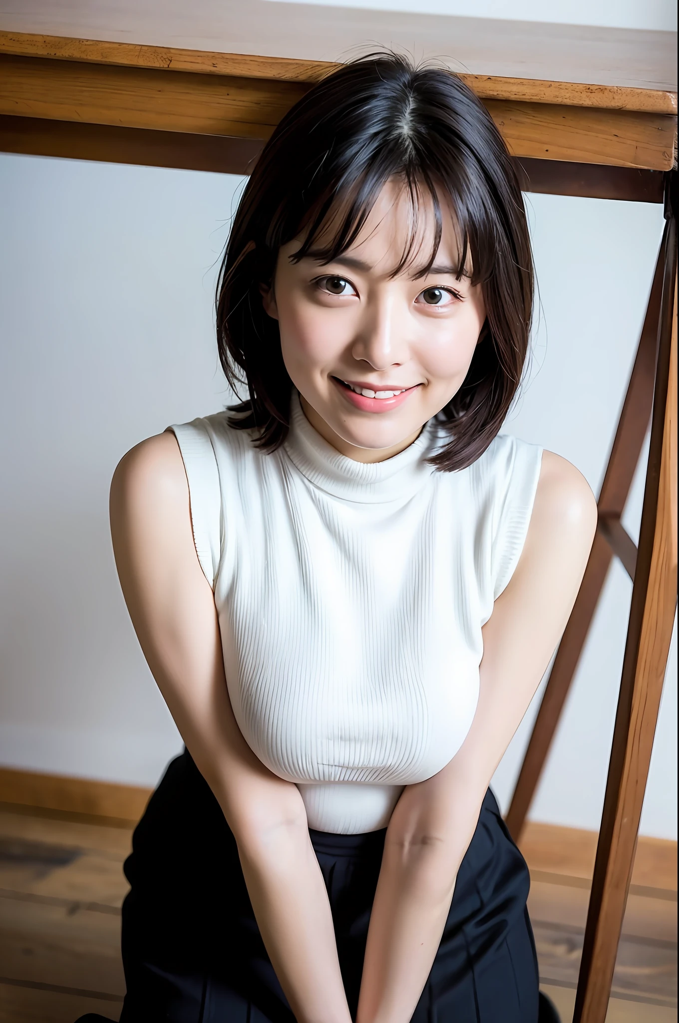 Top quality, masterpiece, High resolution, 1girl, Beautiful and perfect face, Bob layer cut, sleeveless turtleneck knit, mini skirt, clean underarms, intricate details, cinematic feel, 8K, very detailed, big, office, under desk, under desk, under desk, natural light, big breast bulge, smile, all fours, on all fours, upwards, Looking down angle, upright, squatting, employee ID, staff identity card, crawling on all fours,
