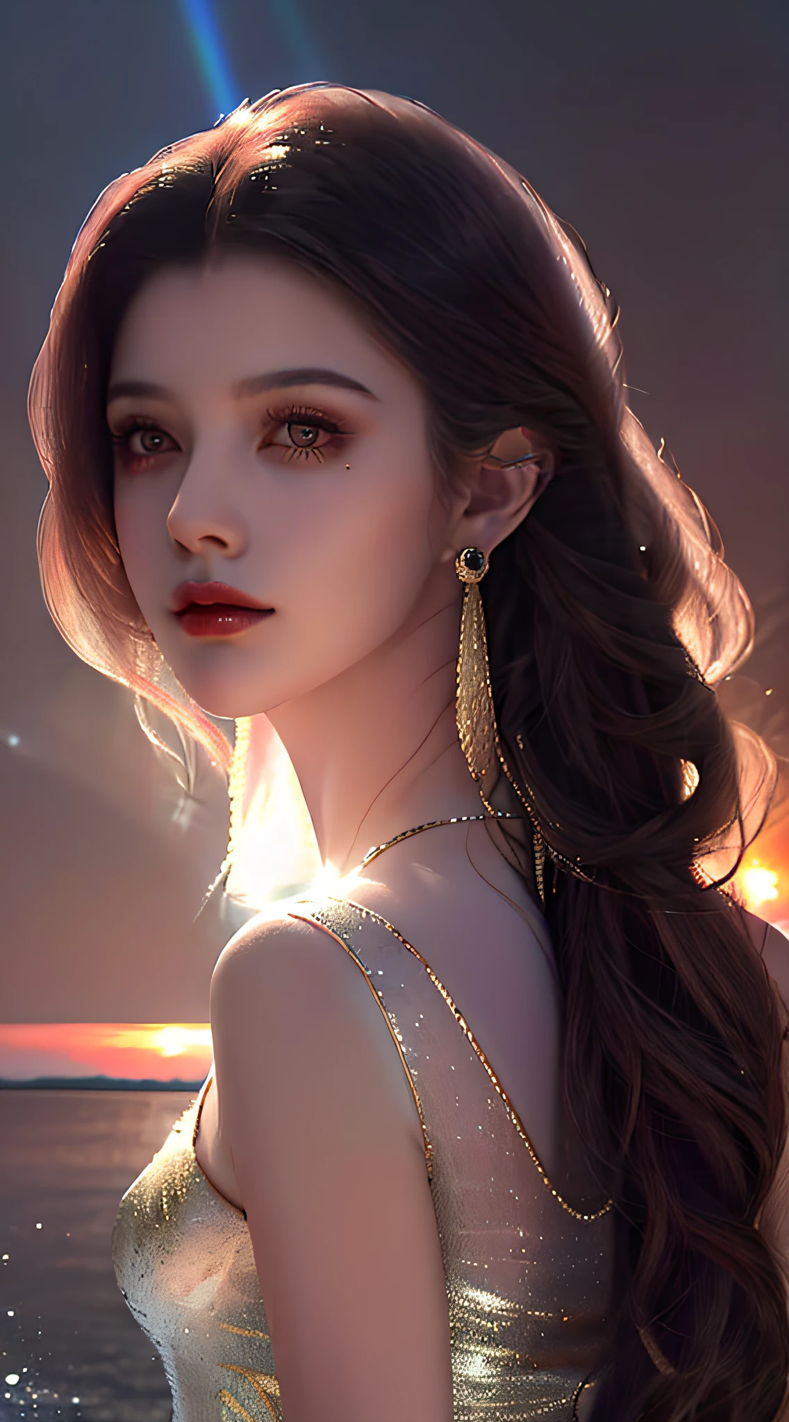 Beautiful black woman with sensual body, with jewelry, necklace, rings, gold bracelets, long curly hair, transparent dress, full body from the back showing the ass, walking among peony flowers, on the right and left side, super transparent, holy light , beautiful spectrum light, bright, sparkling petals, dark background, transparent light drops, reflected light, shining, light flowing in, optics, silhouette portrait, sunset, lake, sharp focus, magical, intricate, hyperrealistic, fantasy, composition, light, artstation trend, pearl, patron saint silver vapor cloud --auto