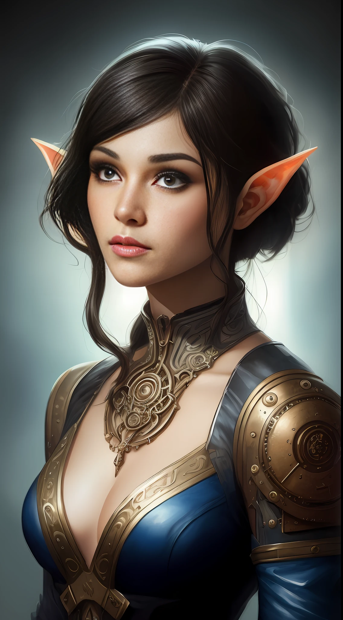 Elven Woman, photorealistic beautiful woman, dark hair, head and shoulders, cover, hyperdetailed painting, luminism, Bar lighting, complex, 4k resolution concept art portrait by Greg Rutkowski, Artgerm, WLOP, Alphonse Mucha, little fusion pojatti realistic steampunk, fractal isometrics details bioluminescens : a stunning realistic