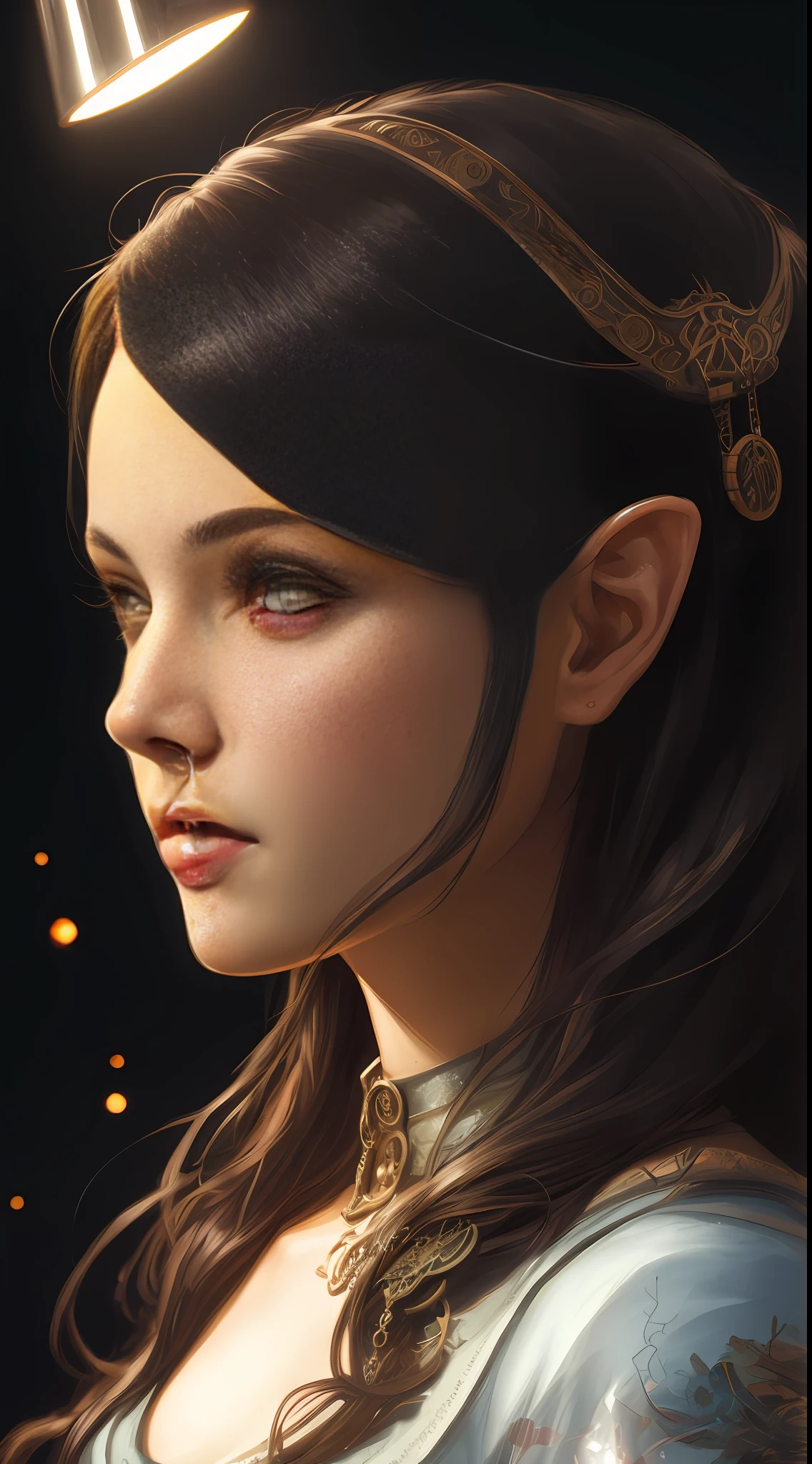 Elven Woman, photorealistic beautiful woman, dark hair, head and shoulders, cover, hyperdetailed painting, luminism, Bar lighting, complex, 4k resolution concept art portrait by Greg Rutkowski, Artgerm, WLOP, Alphonse Mucha, little fusion pojatti realistic steampunk, fractal isometrics details bioluminescens : a stunning realistic