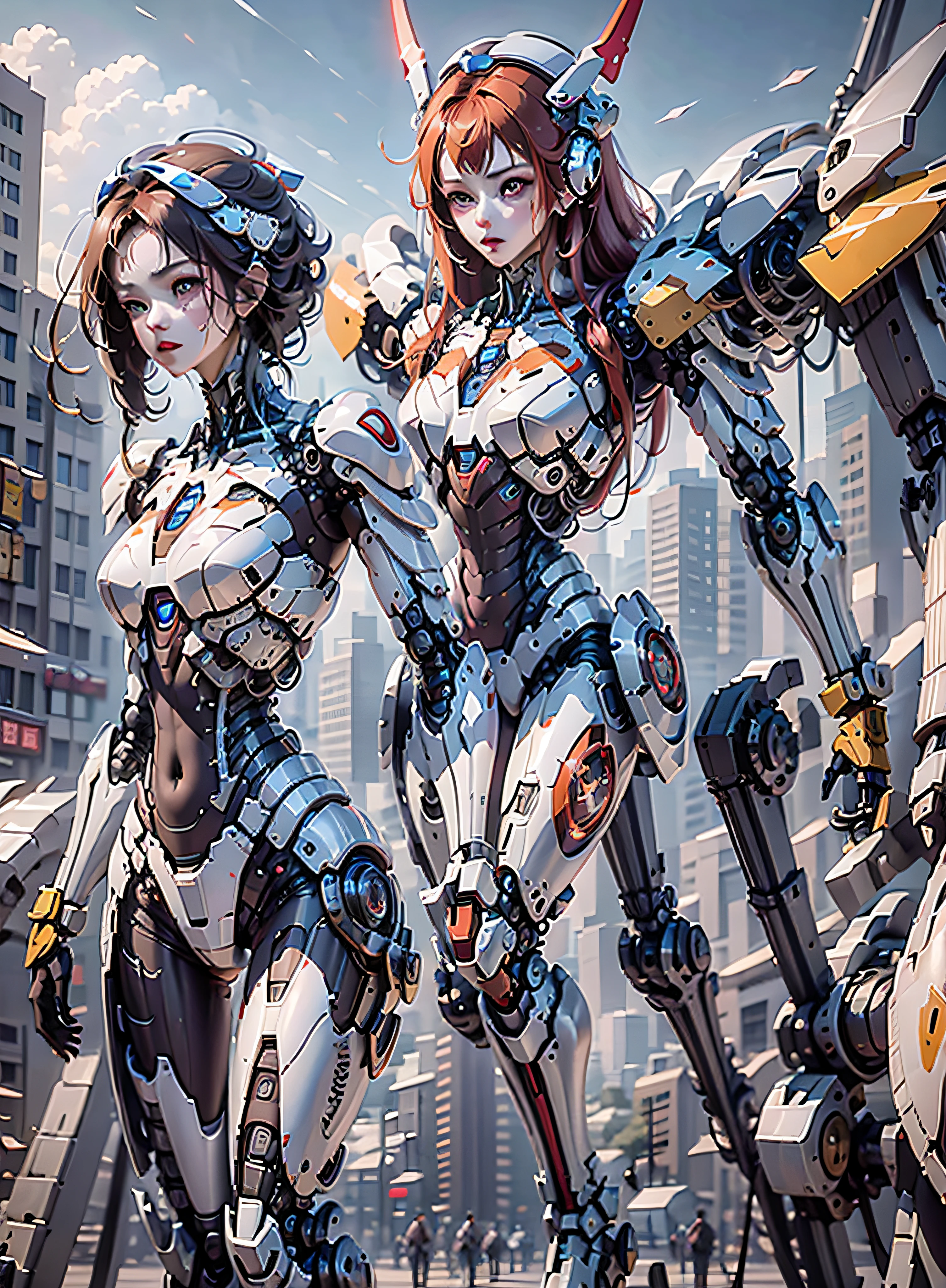 RAW, masterpiece, ultra thin photo, best quality, ultra high resolution, photorealistic 8K, sunlight, full body portrait, incredibly beautiful, dynamic poses, sexy, delicate face, vibrant eyes, (red hair), she is using a futuristic Iron Man engine, red and yellow gold color scheme, highly detailed robot factory background, detailed face, detailed and complex busy background,  messy, gorgeous, milky white, highly detailed skin, realistic skin details, visible pores, sharp focus, volumetric mist, 8k uhd, dslr camera, high quality, film grain, fair skin, photorealism, lomography, expanding metropolis in futuristic dystopia, view from below, translucent, cables connected to robots,