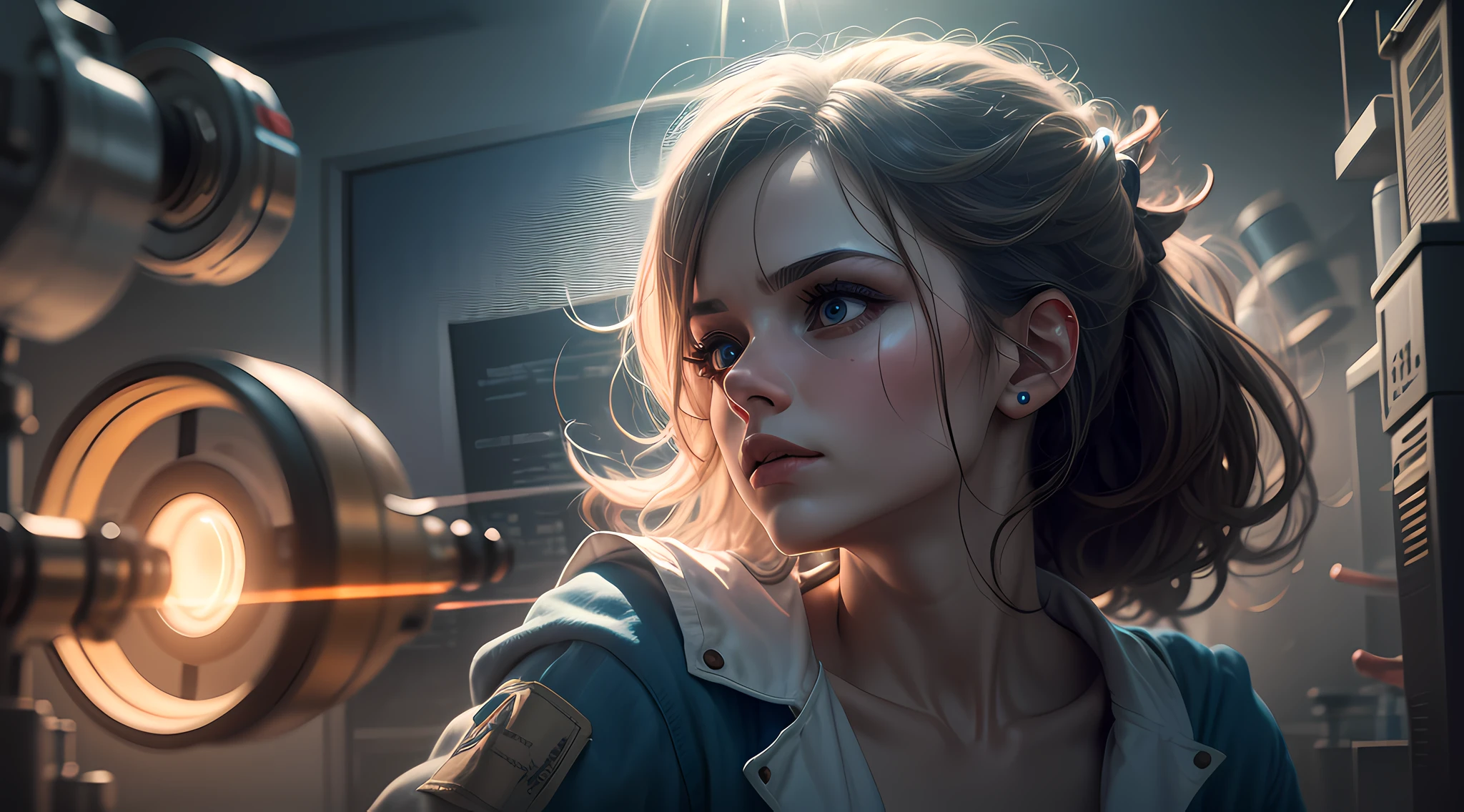 ((Masterpiece)), ((Best Quality)), 8k, HDR, cinematic lighting, Woman Shooting Light Rays Out of Her Eyes, Laboratory, Shutter, Filter, Duct