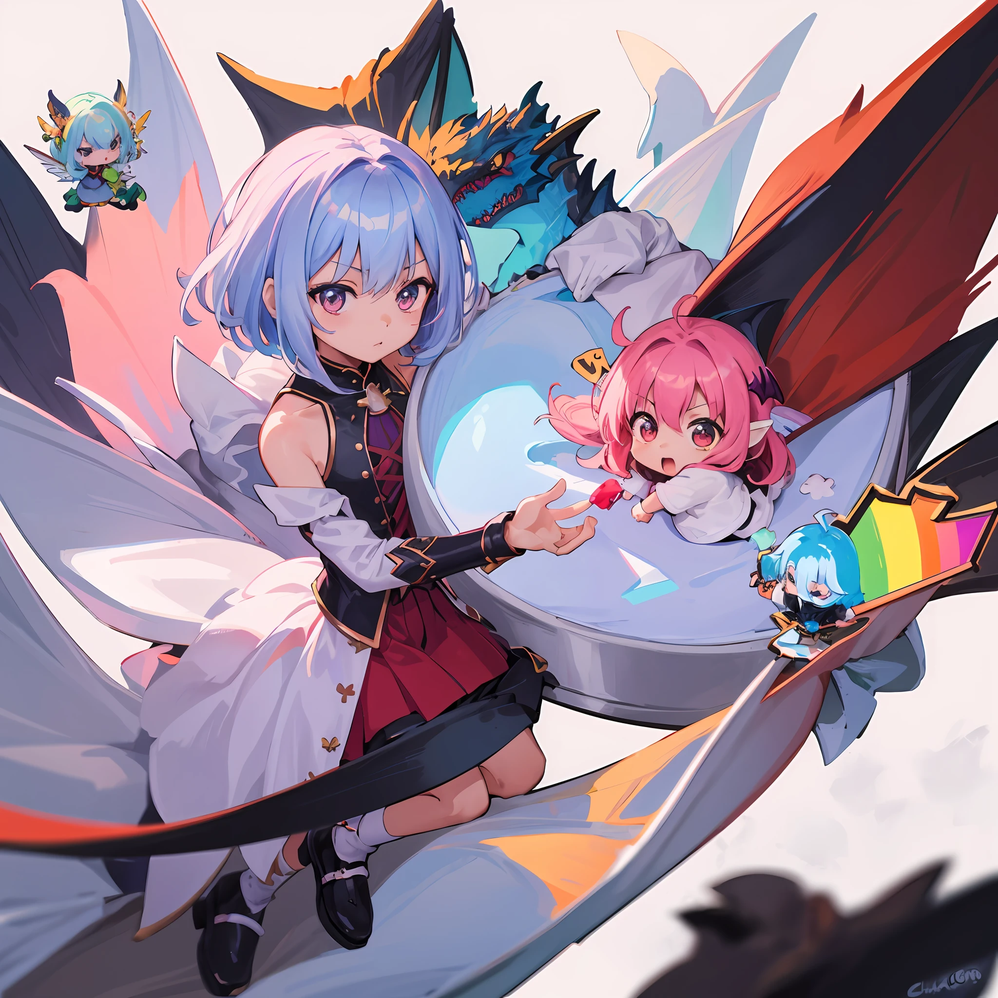 ((Sticker: 1.5))), ((Chibi Chara)), (White Background), Fluffy, Girl, Dragon Knight, Dragon Knight Costume, With Sword, Warrior Pose, Chibi Chara, Full Body, Pastel Hair, Fairy Tales, Fantastic, Rainbow, Masterpiece, Best Quality, 16k, Small Dragon