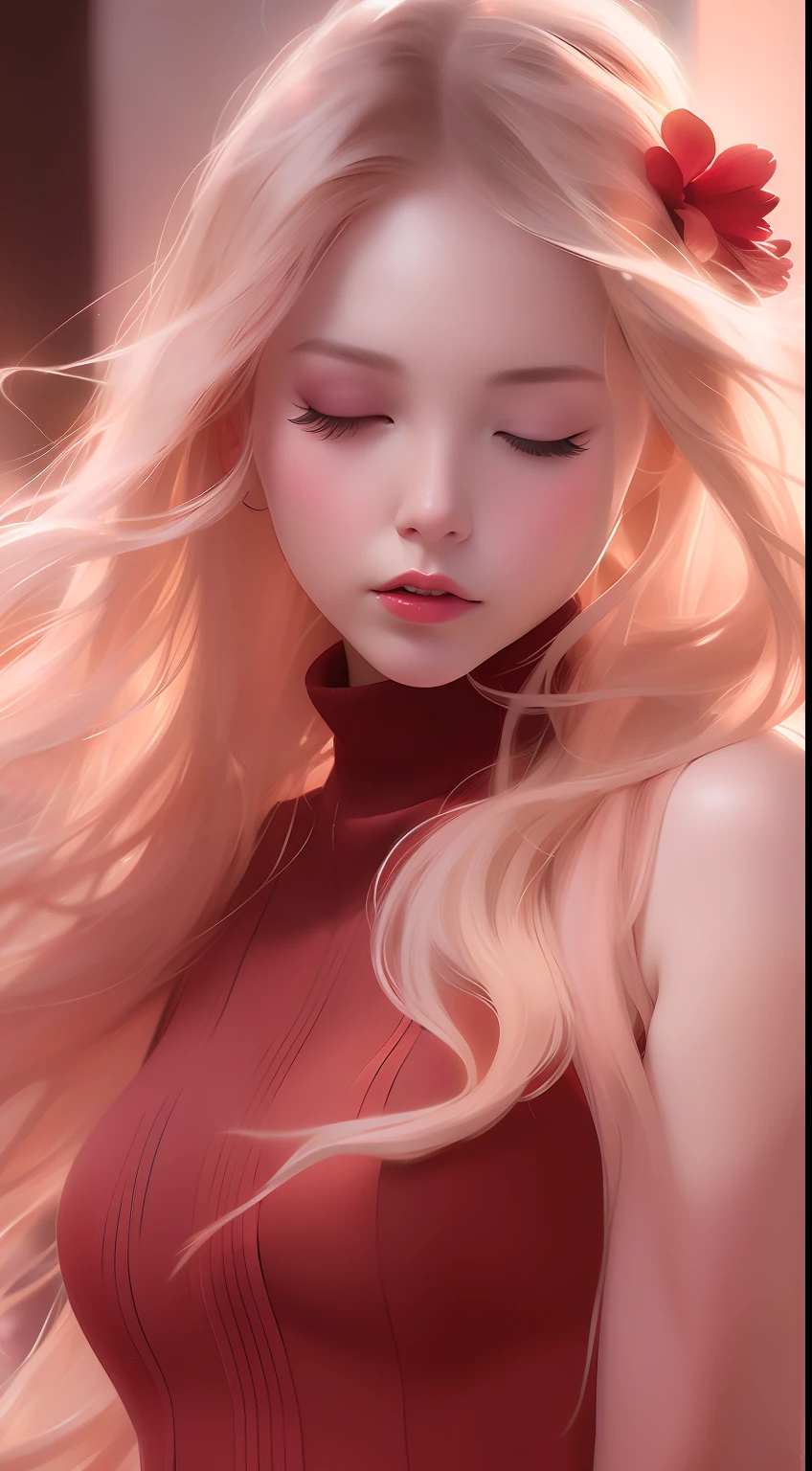 1girl, long hair, solo, floating hair, closed eyes, upper body, sleeveless, parted lips, red lips, lips, pink hair, turtleneck, bare shoulders, (flower), eyelashes