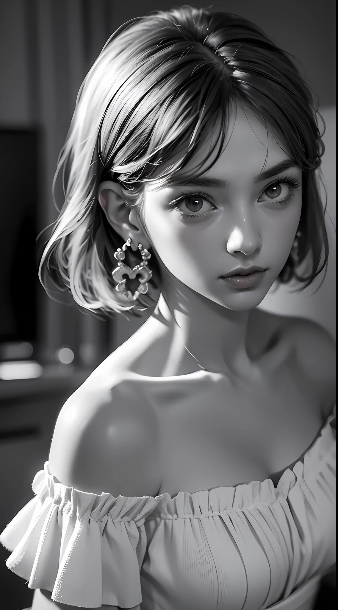 Beautiful girl, high-precision illustrations, monochrome tone effects, chic and sophisticated impression, focus blur envelops her softly, overhead shot composition, pixel-perfect drawing, edge detection, clear expression of details, high-key contrast, tint effect, monochrome world, unique charm, off-shoulder, bust shot, Backlight, Cinematic Light, Retro, Plain Dress, Earrings, Silver Accessories, Short Bob, Long Eyelashes