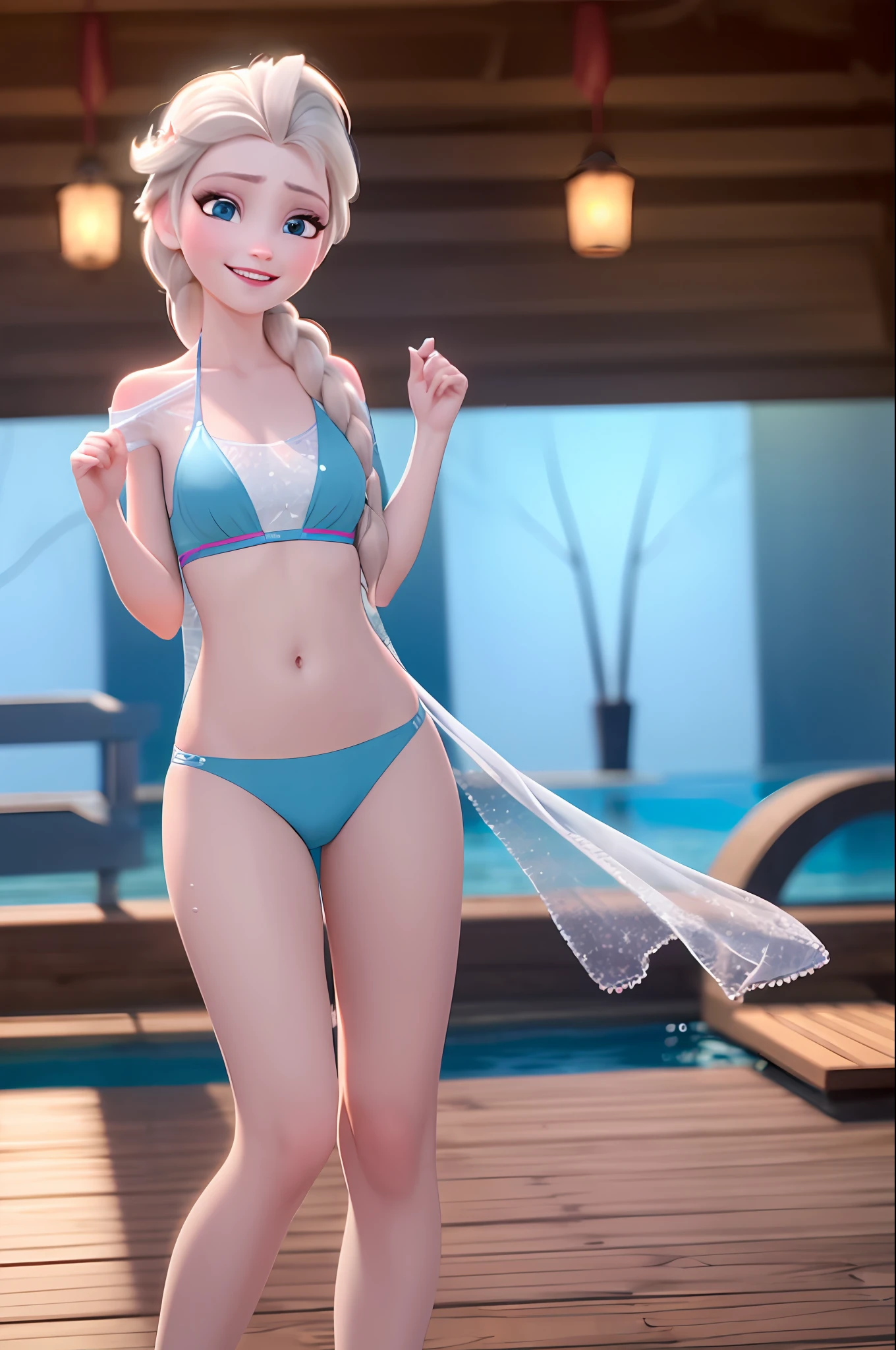(masterpiece:1.4), (best qualit:1.4), (high resolution:1.4), elsa of arendelle, single braid, smile, SWIMMING under water, bikini, looking at viewer,