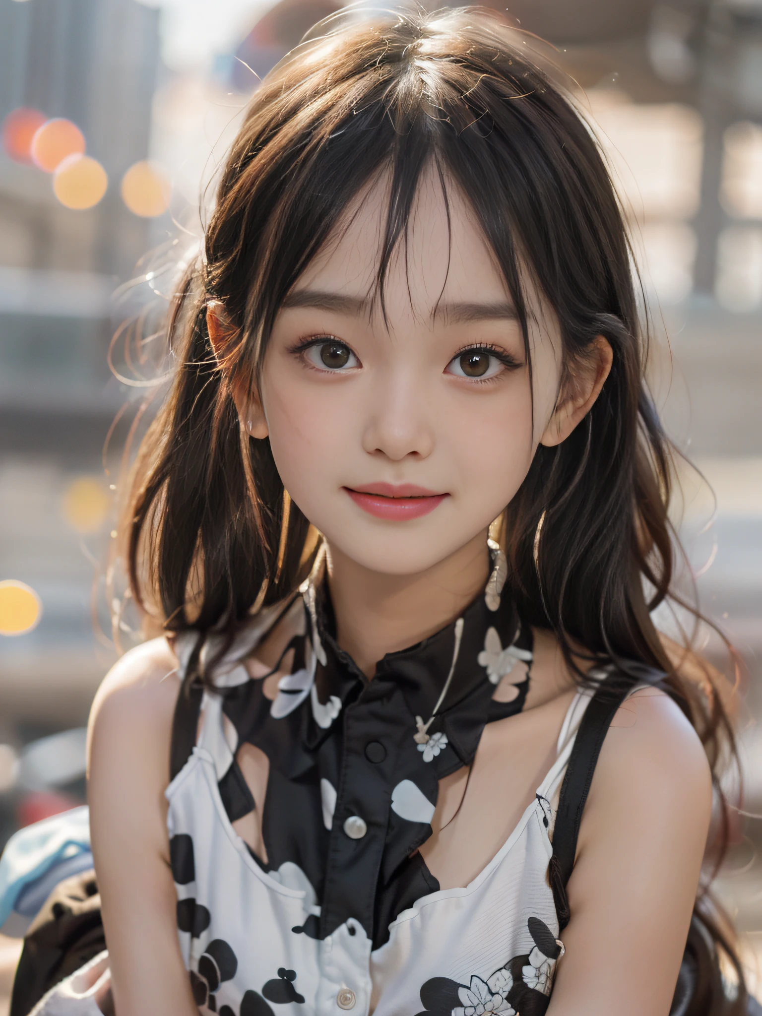 Masterpiece, Original Quality, Top Quality, Best Image Quality, Exaggerated Detail, Half Body, Clear Face, Kid's Face, Professional Lighting, Lovely  Asian Girl With Shy Expression, Beautiful Detail Eyes, Bloated Cheeks, (Medium Hair, Realistic Skin 1.5, Sleeveless Shirt) Outdoor, Pose In Front of Camera, (Chest Emphasis), Smiling, child-lookidy, melting backdrop, bokeh backdrop