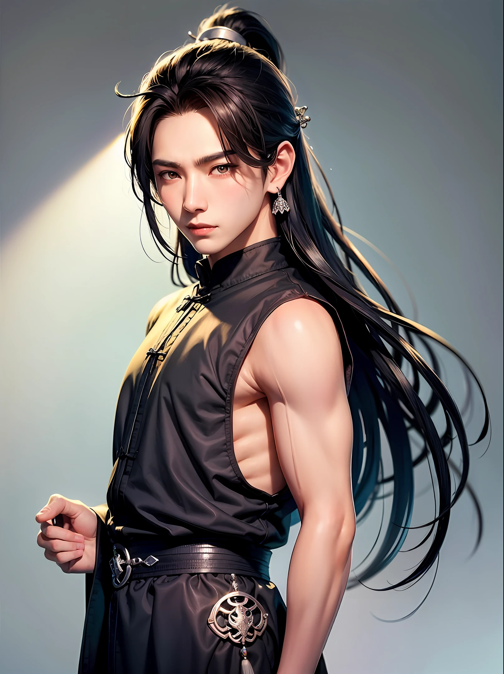 A Miao boy with long black hair and silver ornaments is exotic, his eyes are brown and black reveal sadness, his hands are surrounded by a silver snake, shining with silver light, black clothing, long eyelashes, Chinese style boy, ink