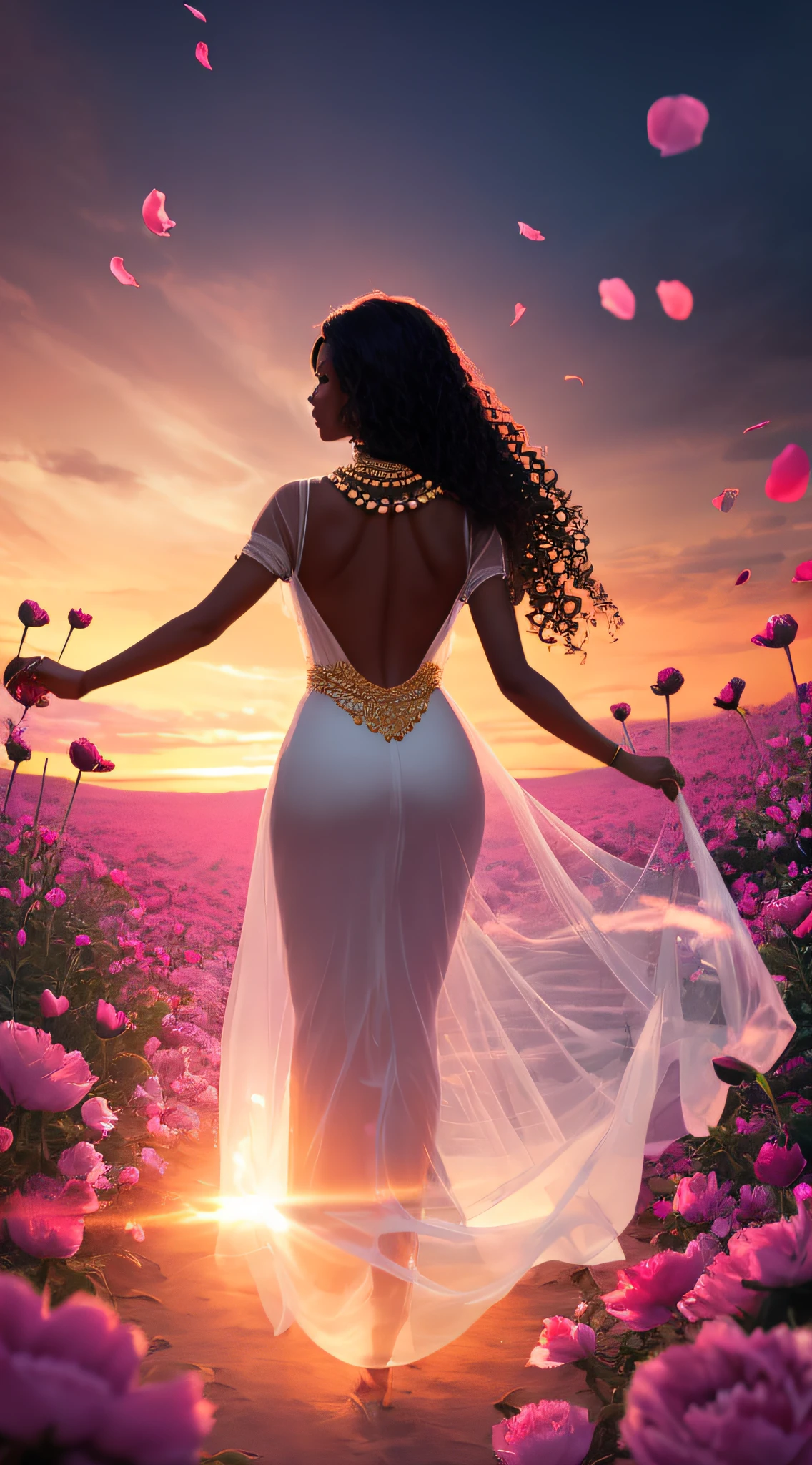 Beautiful black woman with sensual body, with jewelry, necklace, rings, gold bracelets, long curly hair, transparent dress, full body back showing ass, walking among peony flowers, on right and left side, super transparent, holy light, beautiful spectrum light, bright, shimmering petals, dark background, transparent light drops, reflected light, bright, flowing light, optical, silhouette portrait, sunset, lake, sharp focus, magical, intricate, hyperrealistic, fantasy, composition, light, trend artstation, pearl, patron saint silver vapor cloud --auto