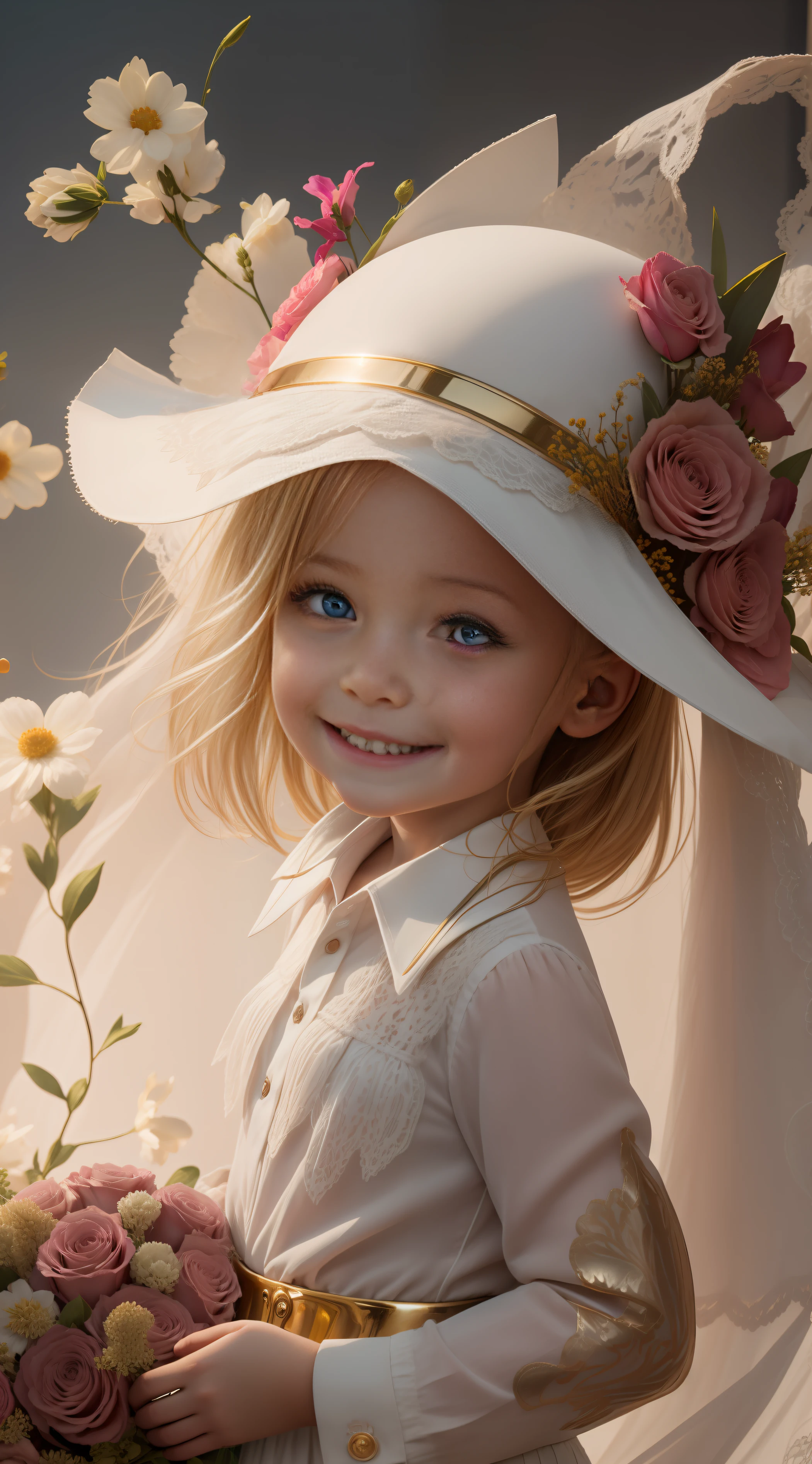 4K HD, gold with white collar clothes, smiling, phone holding a bouquet of flowers (beautiful eyes)
