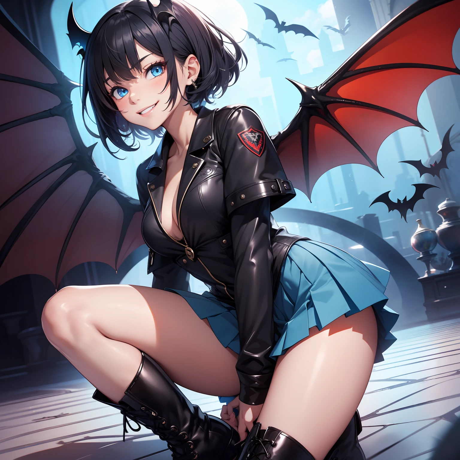 masterpiece, best quality, high resolution, 1girl, blue shirt, bat wings, black hair, short hair, blue eyes, evil smile, evil smile, light blue pleated mini skirt, black boots
