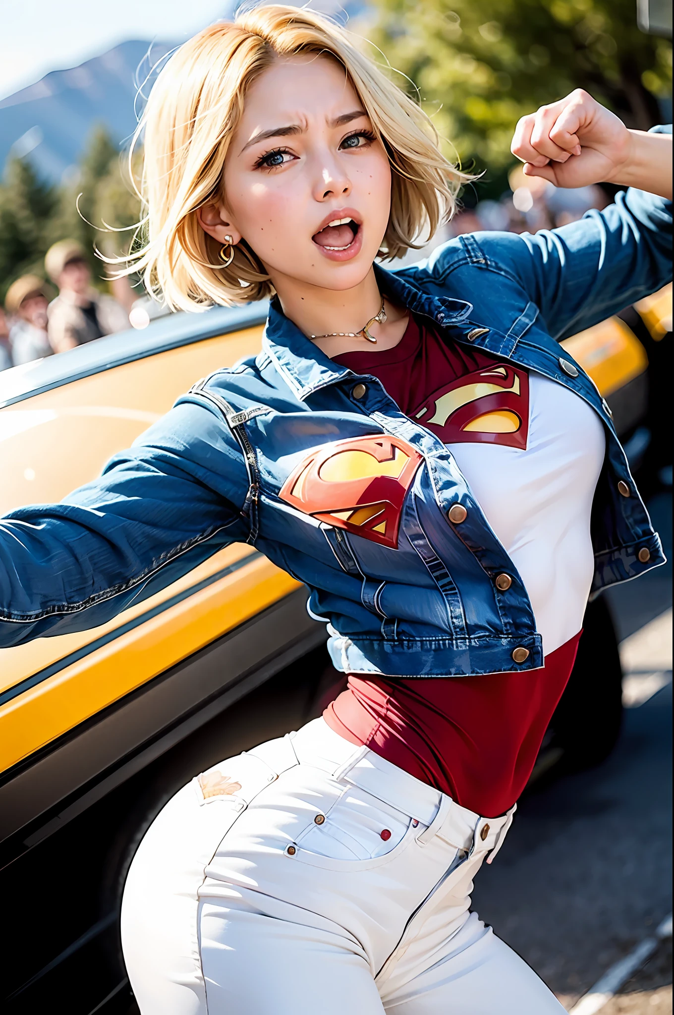 ((1 girl, cute, denim jacket, white denim blouse with superman S symbol on the chest, gloves, blonde, short hair, bob hair, hair parted sideways, blue eyes)))), (((blonde hair))), dynamic poses, manga style, depicting a group of characters in various action scenes, from intense battles to joyous moments, with dramatic lines of speed and bold sound effects,  capturing the emotion and energy of the story, palm laser beams, forward attack with the palm of the hand, yellowstone park, Grand Canyon,