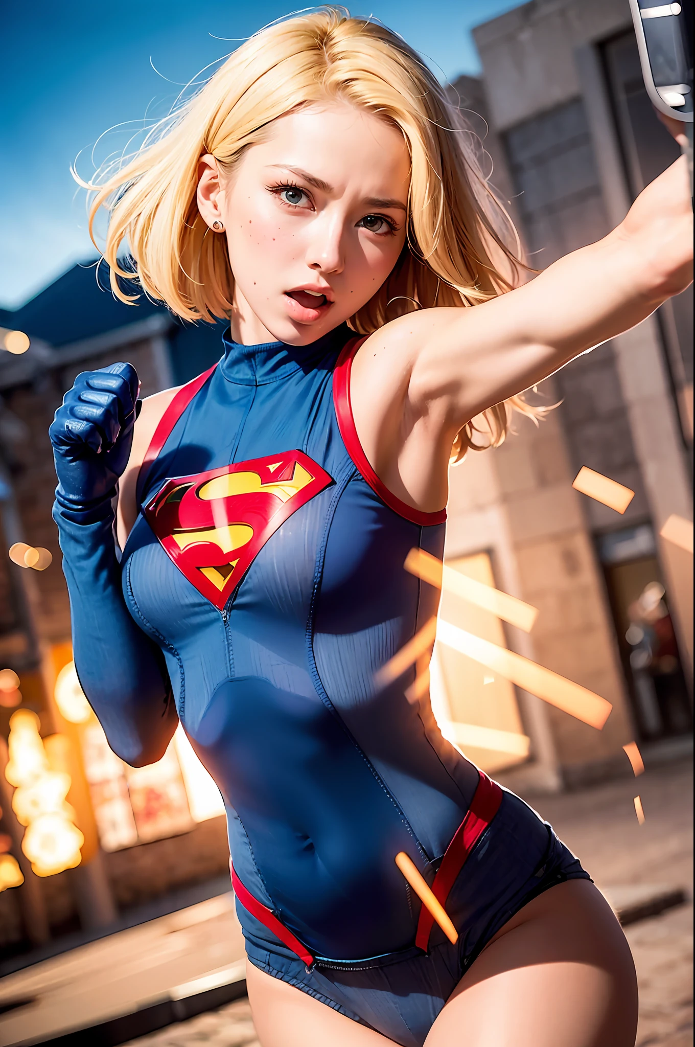 ((1 girl, cute, denim jacket, white denim blouse with superman S symbol on the chest, gloves, blonde, short hair, bob hair, hair parted sideways, blue eyes)))), (((blonde hair))), dynamic poses, manga style, depicting a group of characters in various action scenes, from intense battles to joyous moments, with dramatic lines of speed and bold sound effects, capturing the emotion and energy of the story, palm laser beams, forward attack with the palm of the hand, yellowstone park, Grand Canyon,