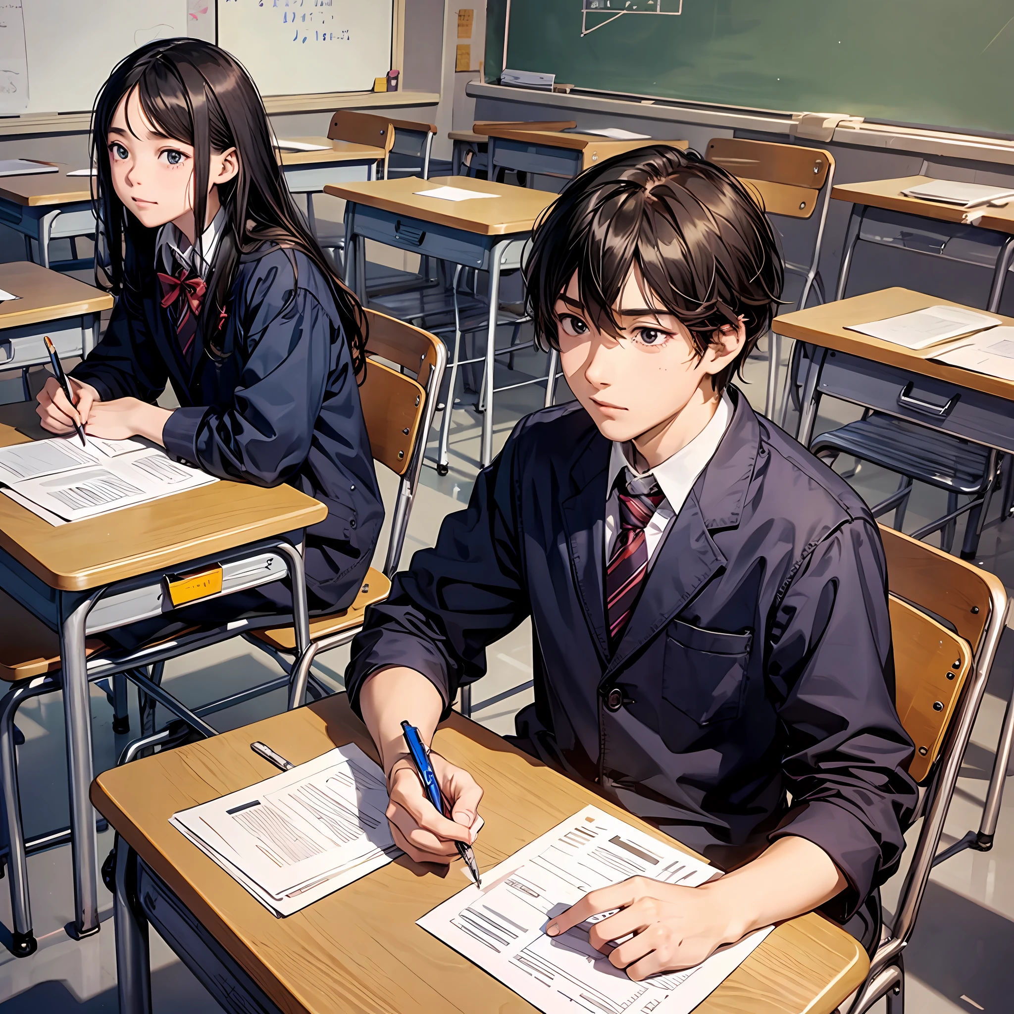 High school, one, man, sitting in a classroom, is taking exams