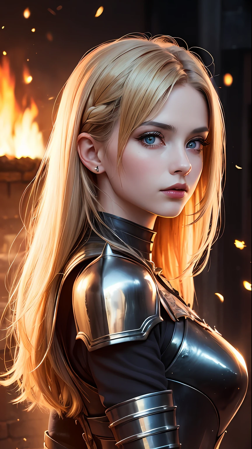 (skindentation:1.5), realistic, realistic, (masterpiece:1.5), concept art, intricate detail, highly detailed, realistic, octane rendering, 8k, unreal engine, dynamic pose, best quality, high resolution, (realistic face:1.1), (hyperrealism:1.1), ((full_body)), perfect eyes, (shiny skin: 1.2), (((hairstyle))), (((perfect hand)) ), (Very detailed background), ((Dynamic background), ((Fire), (Firelight), (1girl)), Handsome (((Shiny Armor))), ((Detailed Eyes, High Quality Eyes, High Quality Face)), (Extremely Complex Dress), Long Blonde Hair, Firelight, Sun, Sunlight, ((dramatic)), Epic, Battlefield, Depth of Field, Bokeh, 4K, Gothic, Ash, Particle