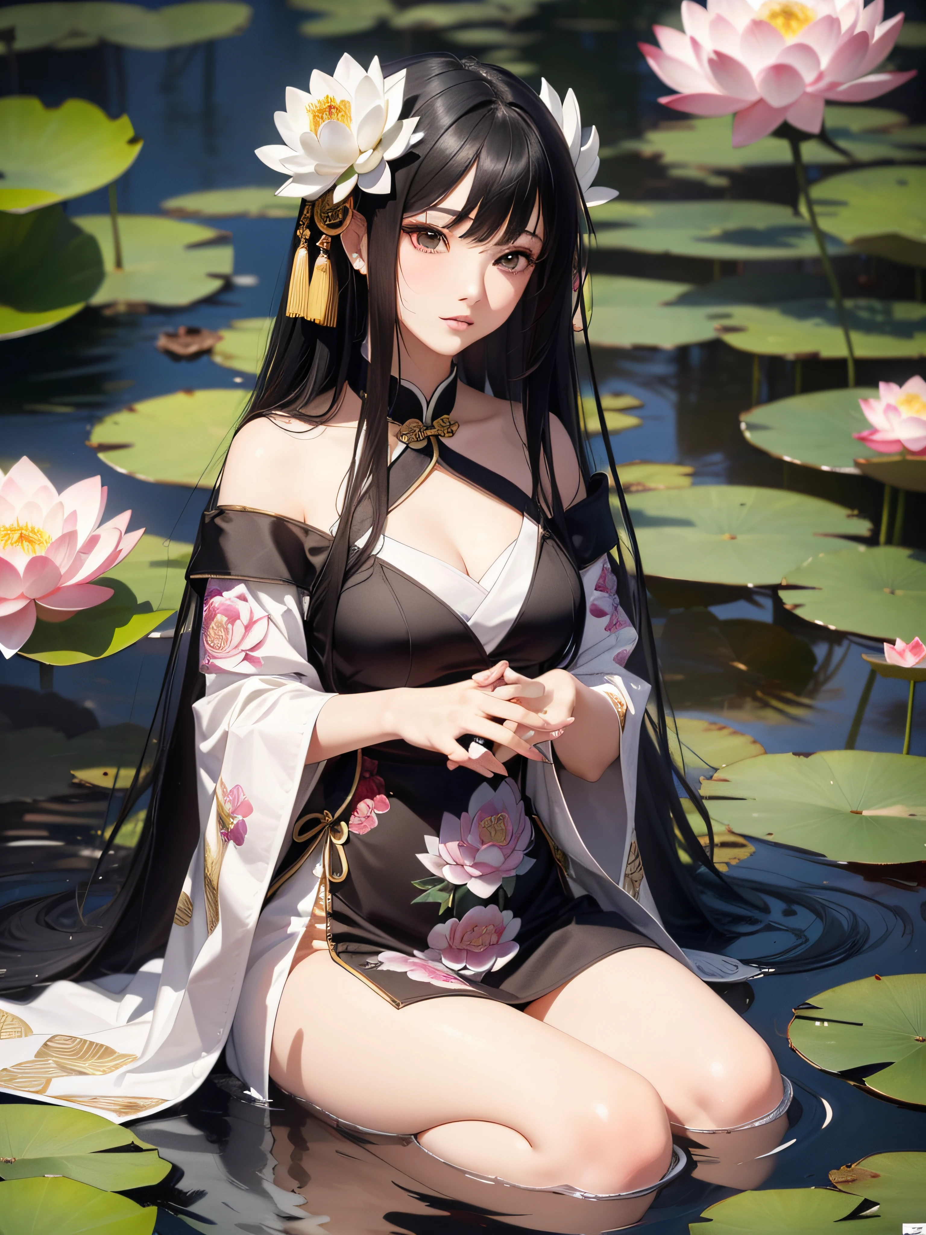 (Masterpiece), (Top Quality), (Real), ((Beautiful Reward Heavenly Woman with Ultra Long Chinese Black Hair and Thin Beautiful Hagoromo in a Lotus Pond in the Moonlight)), (Looking down at the viewer with dim eyes), ((Large hair ornament in the shape of a Chinese lotus flower)), 18 years old, Dull eyes, Photorealistic, (((Ideal hair luster)), Full body, (playing the koto)