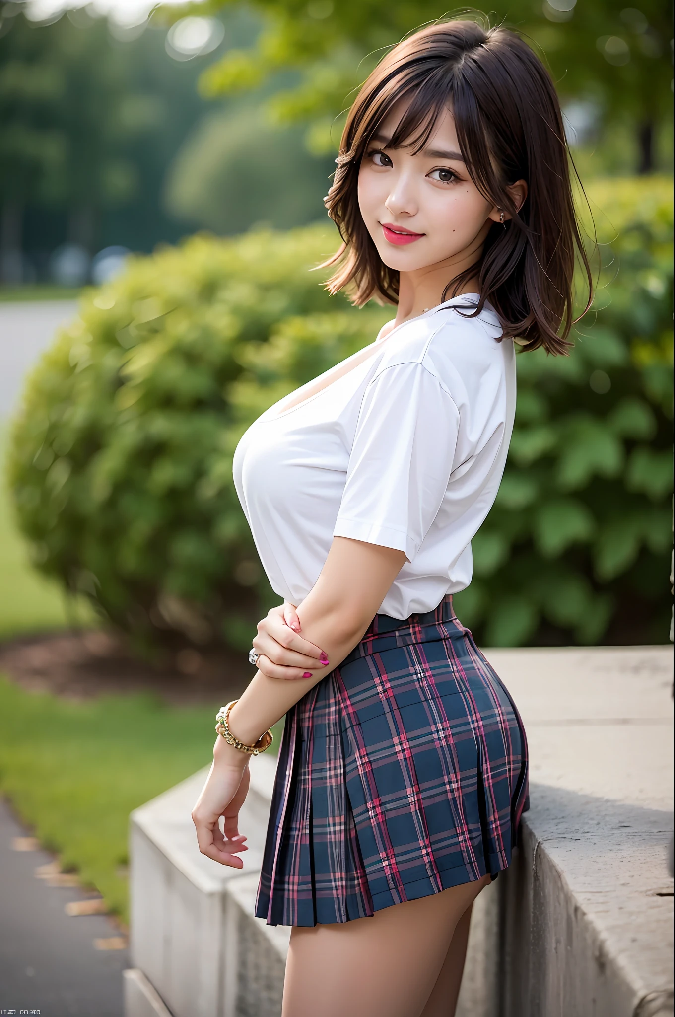 nsfw, 8K raw photo, Best quality, masterpiece, ultra high res, film grain, filmg, 1girl, looking at viewer, natural skin texture, realistic eye and face details, full lips, lipstick, (makeup), red eyeshadow, fluffy short hair, messy hair, smile, close mouth, beautiful legs, tall female, skinny, slim_legs, solo, enormous breast, cleavage, Pose with buttocks facing you, ultra short skirt, ass, shirt, beautiful nature location, around flower location, (detailed background), plaid skirt, white shirt, enormous breast, cleavage, Show a little cleavage through the shirt, loafers, blurry background, blurry, holding, plaid, short sleeves, jk ribbon on the neck, jk ribbon, brown hair, bracelet, water, bangs, school uniform, jewelry, parted lips, lips, from side, pleated skirt, depth of field