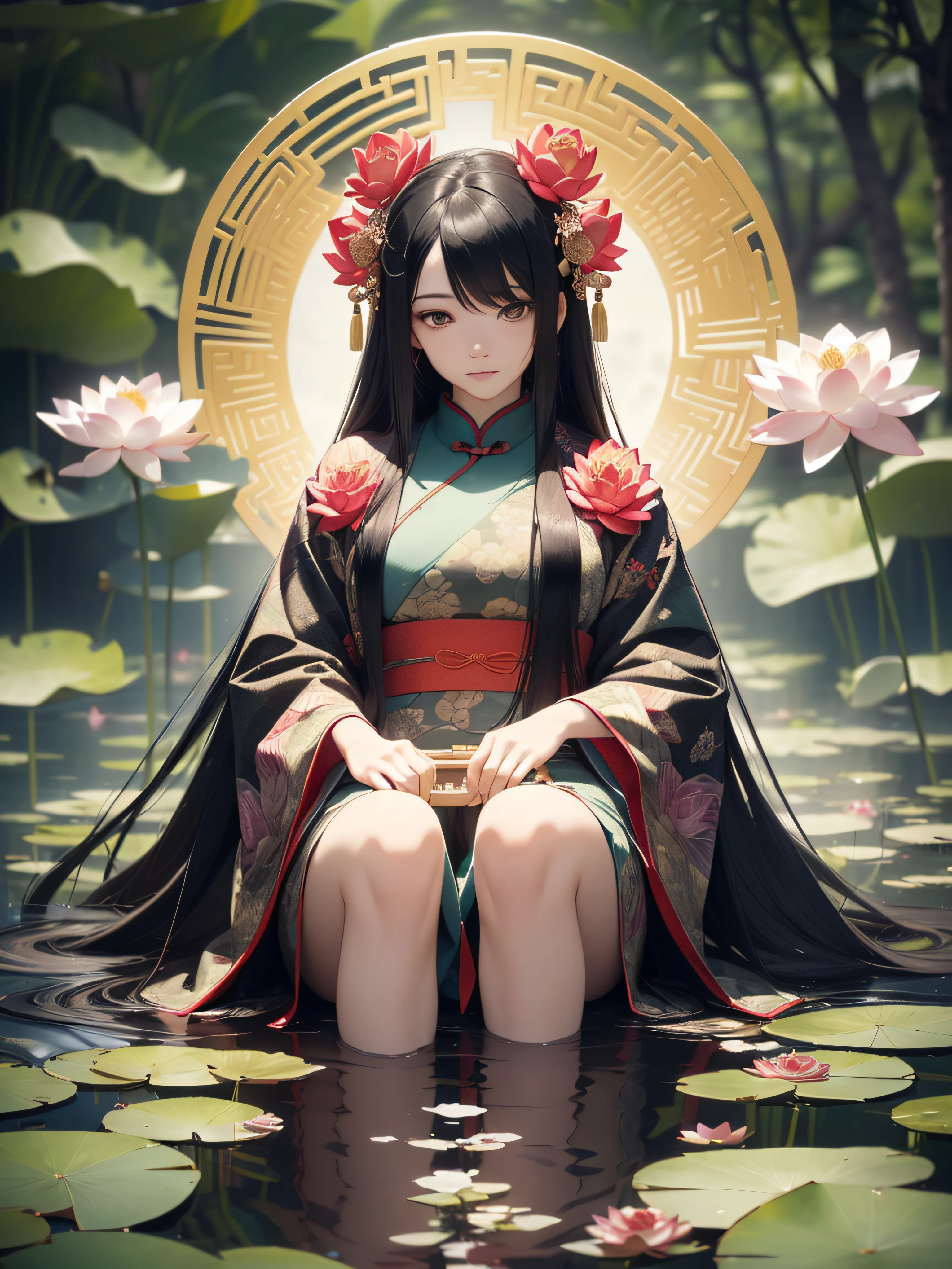 (Masterpiece), (Top Quality), (Real), ((Beautiful Reward Heavenly Woman with Ultra Long Chinese Black Hair and Thin Beautiful Hagoromo in a Lotus Pond in the Moonlight)), (Looking down at the viewer with dim eyes), ((Large hair ornament in the shape of a Chinese lotus flower)), 18 years old, Dull eyes, Photorealistic, (((Ideal hair luster)), Full body, (playing the koto)