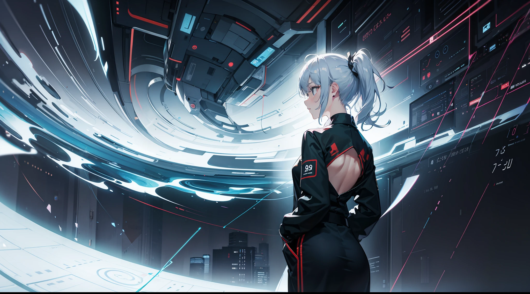 Wallpaper, 8k, rich details, ((masterpiece)), ((master work)), ((abstract)), (electrocardiogram), green lines, (1girl:-1), white ponytail, (girl is located on the right side of the screen), hands in top pocket, quadratic, plain clothing, floating simple geometry, back, (tech: 0.2), loneliness