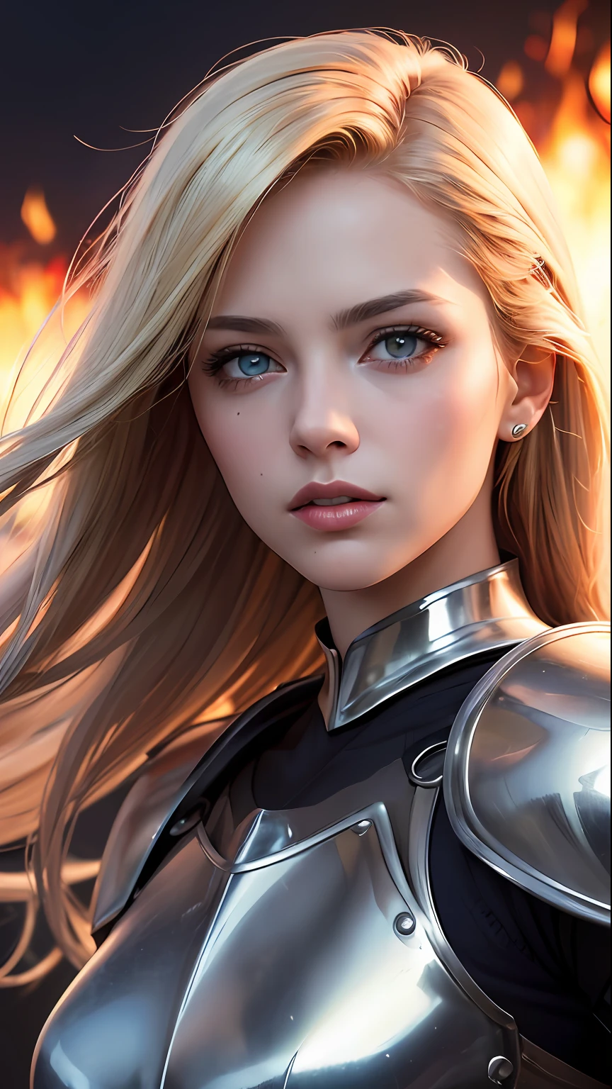 (skindentation:1.5), realistic, realistic, (masterpiece:1.5), concept art, intricate detail, highly detailed, realistic, octane rendering, 8k, unreal engine, dynamic pose, best quality, high resolution, (realistic face:1.1), (hyperrealism:1.1), ((full_body)), perfect eyes, (shiny skin: 1.2), (((hairstyle))), (((perfect hand)) ), (Very detailed background), ((Dynamic background), ((Fire), (Firelight), (1girl)), Handsome (((Shiny Armor))), ((Detailed Eyes, High Quality Eyes, High Quality Face)), (Extremely Complex Dress), Long Blonde Hair, Firelight, Sun, Sunlight, ((dramatic)), Epic, Battlefield, Depth of Field, Bokeh, 4K, Gothic, Ash, Particle