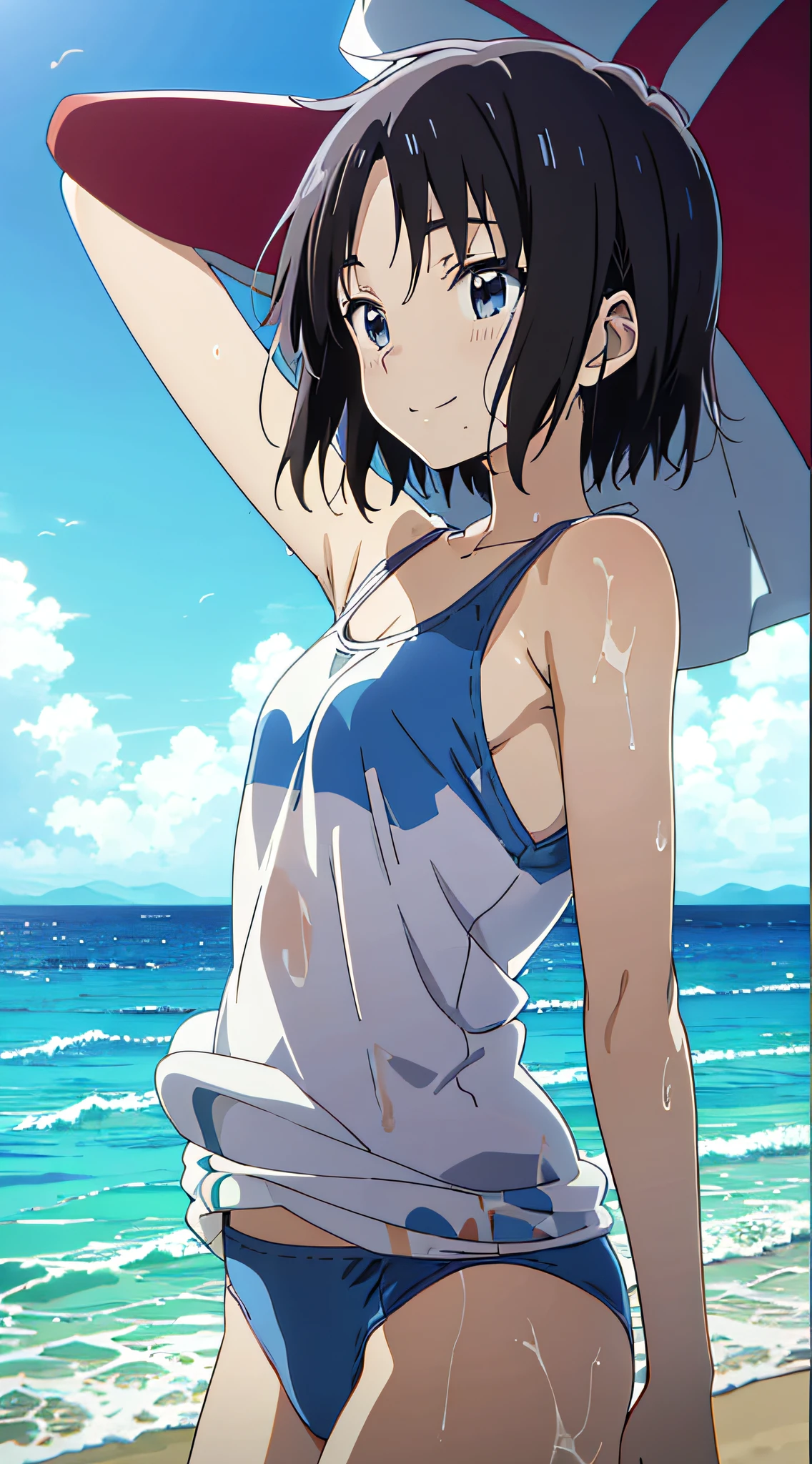 (Anime, Anime Art Style:1.2) Yuyushiki,  Girl, 13 yenched in sweat, Smile, Swimsuit, Seaside, Sun, (looking away:1.5),Blue sky,Various movements,Various angles