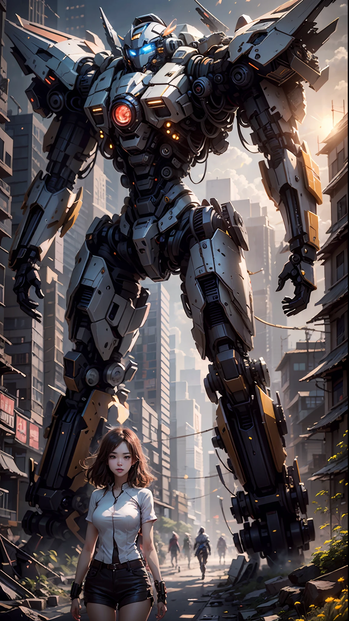 ((Best Quality)), ((Masterpiece)), (Very Detailed:1.3), 3D, Shitu-mecha, Beautiful cyberpunk woman with her pink mech in the ruins of a city in the forgotten war, Ancient technology, HDR (High Dynamic Range), ray tracing, NVIDIA RTX, super resolution, unreal 5, subsurface scattering, PBR texture, post-processing, anisotropic filtering, depth of field, maximum sharpness and sharpness, multi-layer texture, albedo and highlight maps, surface shading, Accurate simulation of light-material interactions, perfect proportions, octane rendering, duotone lighting, low ISO, white balance, rule of thirds, wide aperture, 8K RAW, efficient sub-pixels, subpixel convolution, luminescent particles, light scattering, Tyndall effect