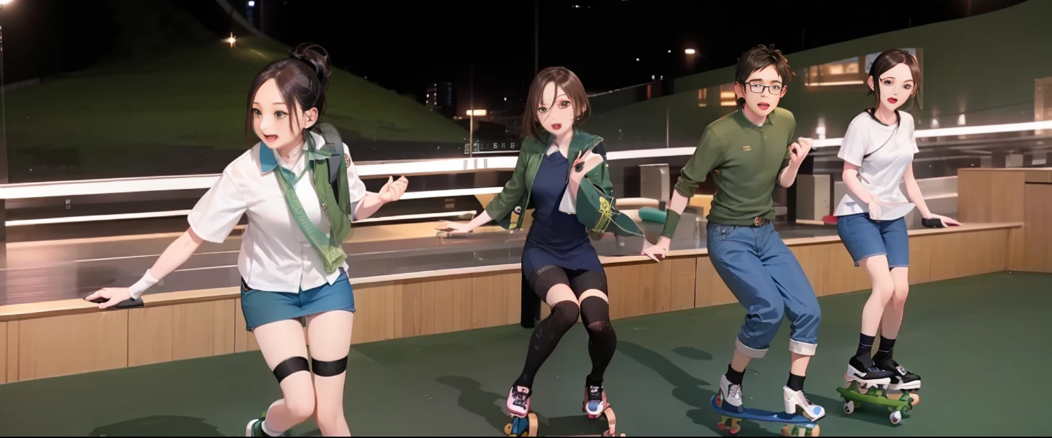several people on roller skates are riding on a green surface, roller skating, rollerskaters, rollerskates, wearing knee and elbow pads, chiho, youtube video screenshot, very excited, けもの, low quality footage, 4 0 9 6, shot on gopro9