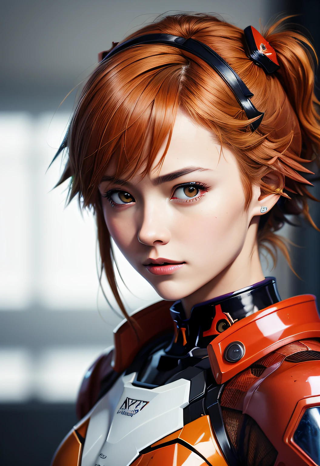portrait of ((Asuka) Evangelion), futuristic (red) reflective wingman latex suit, (porclain skin:0.7), (natural realistic Ginger hair:0.9), messy hair, pigtail, focus on eyes and face
,BREAK (Rembrandt:1.2) lighting, (masterpiece:1.3), (best_quality:1.3), (ultra_detailed:1.3), 8k, extremely_clear, [ultrarealistic :  (professional color grading, film grain, Hasselblad):.7]