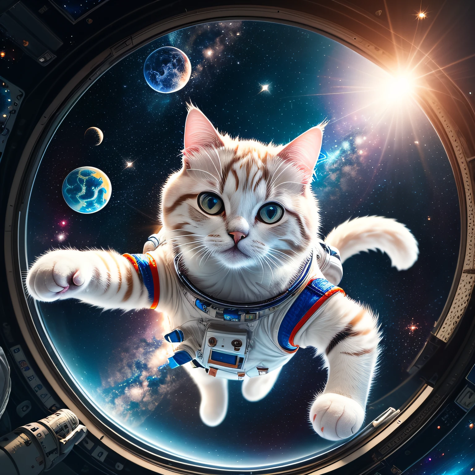 Cat, (Himalayan), (Small)))), Walking in space, Face, Putting out its paws, 8k, Professional photo, Delicate, Clear, Laughing, Starry, Shining, Light Leak, Masterpiece, ((Pretty)))), Stylish Spacesuit, (Reality), Plush Toy, Round Pupils --auto