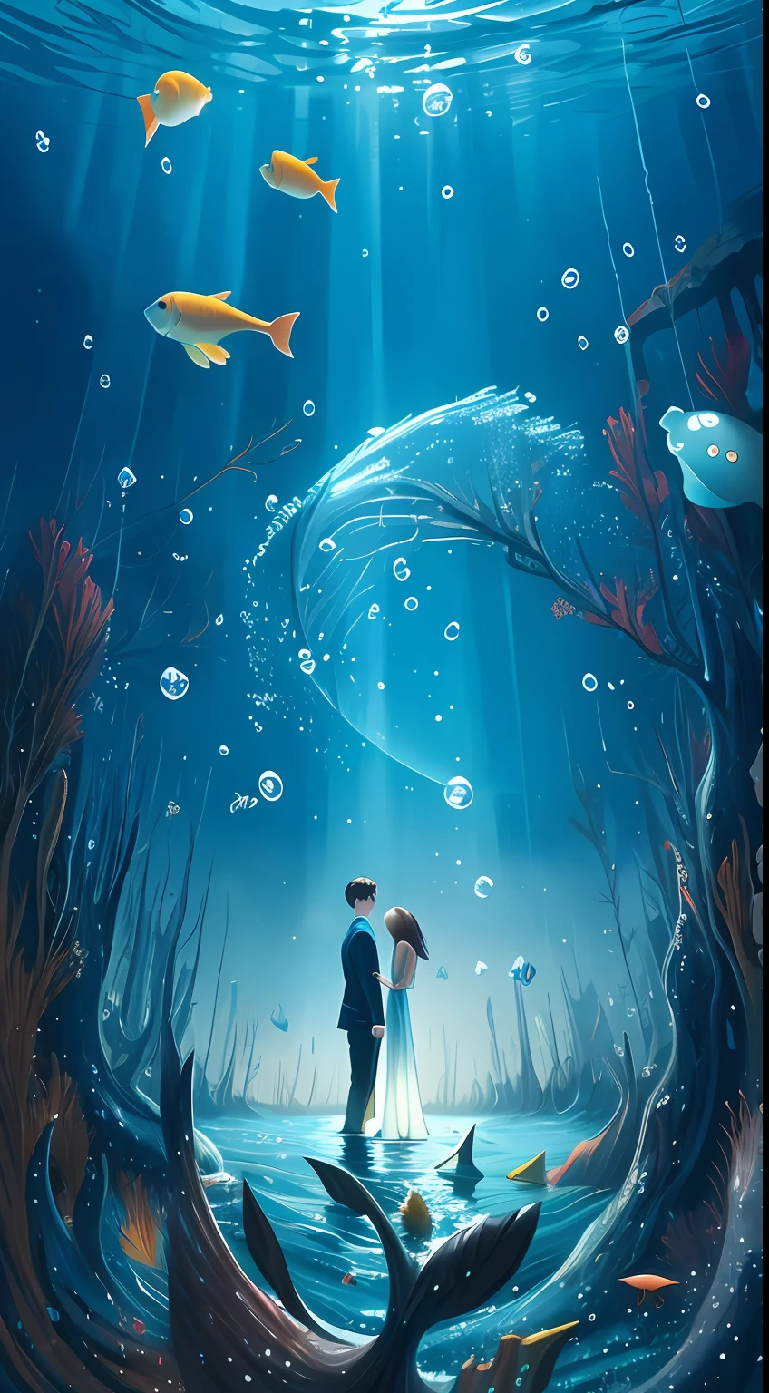 There is a man and woman standing in the water, fish, Cyril Rolando's style, concept art of love, Makoto Shinkai Cyril Rolando, a beautiful artwork illustration, beautiful digital artwork, inspired by Cyril Rolando, standing at the bottom of the sea stained red with blood, Cyril Rolando and Goro Fujita, Cyril Rolando and M.W Kaluta