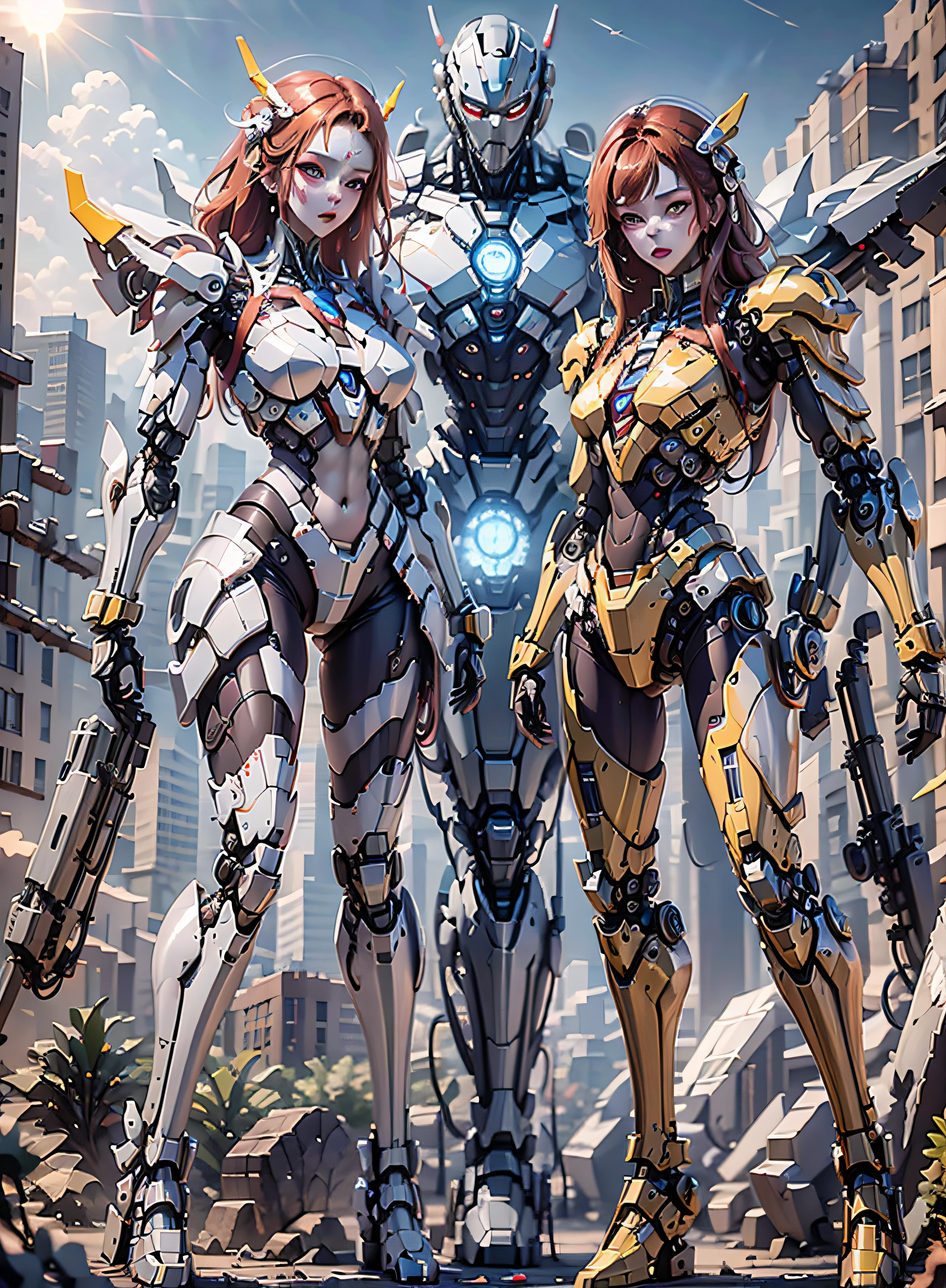RAW, masterpiece, ultra thin photo, best quality, ultra high resolution, photorealistic 8K, sunlight, full body portrait, incredibly beautiful, dynamic poses, sexy, delicate face, vibrant eyes, (red hair), she is using a futuristic Iron Man engine, red and yellow gold color scheme, highly detailed robot factory background, detailed face, detailed and complex busy background,  messy, gorgeous, milky white, highly detailed skin, realistic skin details, visible pores, sharp focus, volumetric mist, 8k uhd, dslr camera, high quality, film grain, fair skin, photorealism, lomography, expanding metropolis in futuristic dystopia, view from below, translucent, cables connected to robots,