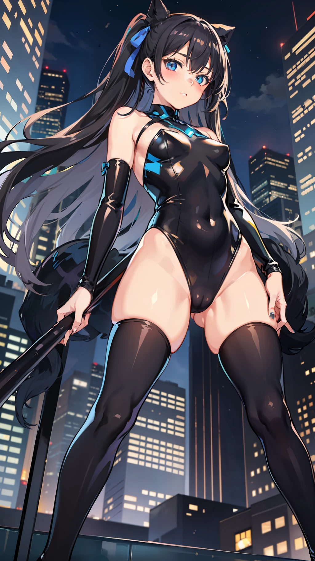 anime girl in black and leather catsuit in high heels standing near city night sky, 1girl, solo, skindentation, thighhighs, long hair, leotard, black hair, breasts, looking at viewer, highleg, covered navel, twintails, highleg leotard, thighs, bare shoulders, small breasts, detached sleeves, night, cameltoe, blue eyes, hair ribbon, holding, cowboy shot, black leotard