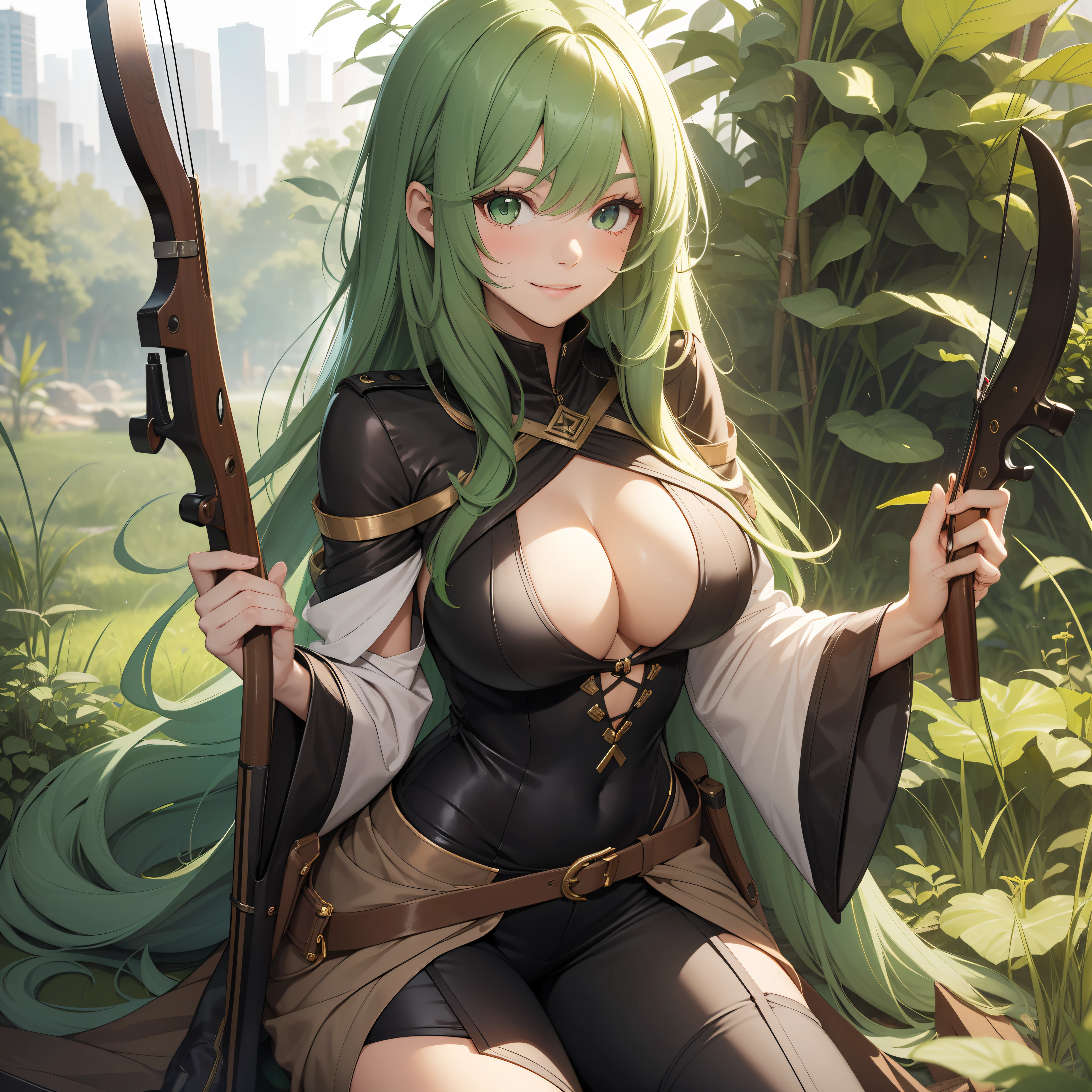 25 Girl, Attractive Young Woman, Long Green Hair, Hazel Eyes, Adventurous Green Revealing Clothes, Elongated Brown Boots, Crossbow in Hands, Calm Smile, Calm Posture, Big Chest