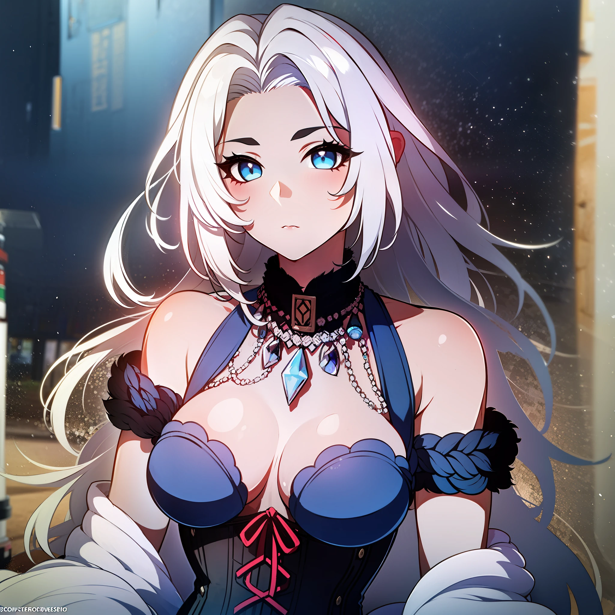 (1girl), (solo), (white hair), ((dark red strands)), (wavy hair), (forehead), (dark blue corset), (fur), (icy-blue eyes), (dark blue necklace), (bare shoulders), ((dark red details))