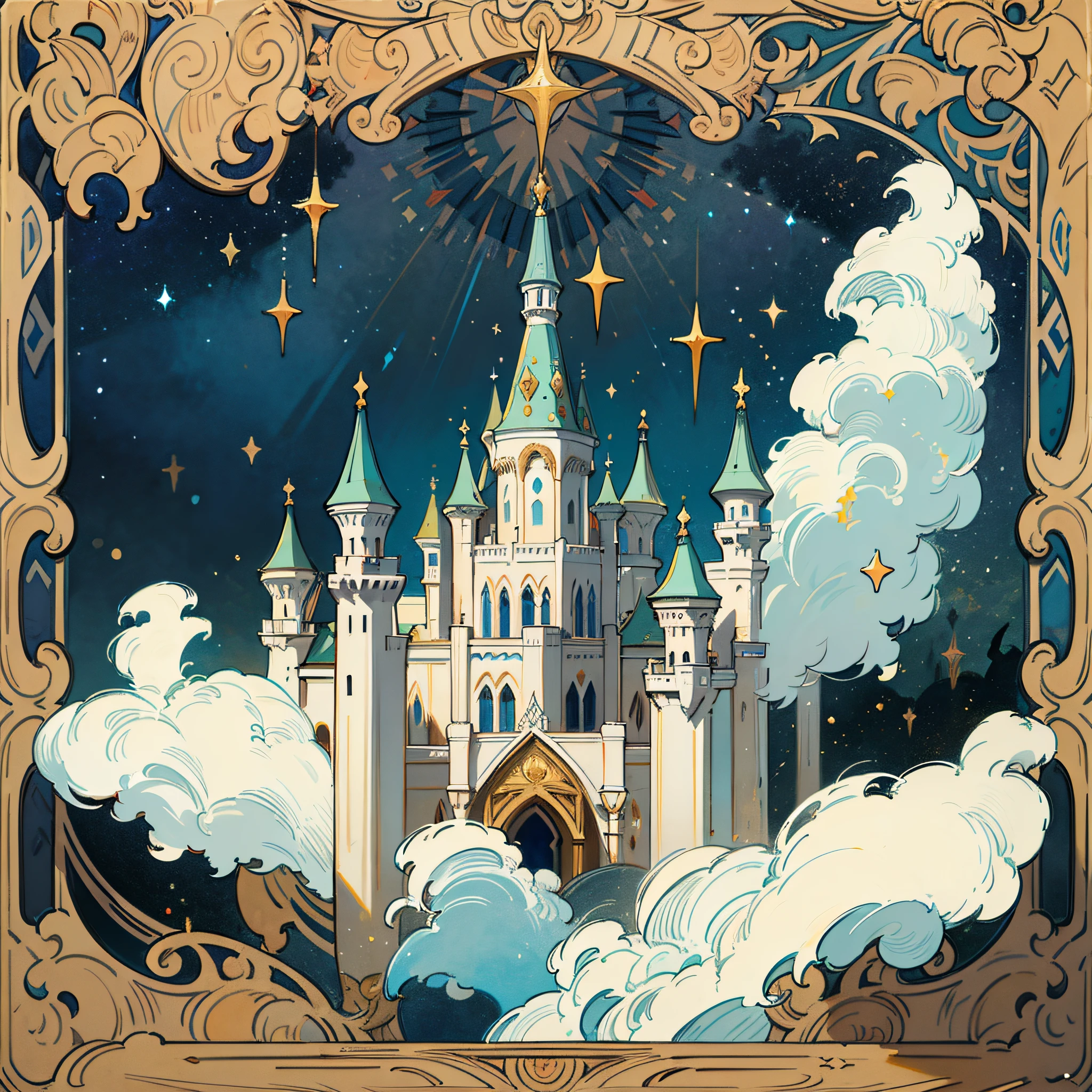 (ornate castle), fairy tale paintings, Vladimir Borovykovsky, Maximilian Vanka, Igor Grabar, Mikhail Lebedev, Nikita Viprikov, Nadya Rusheva, Baroque paintings. Starry Sky by Nina Petrovna Valetova, by Alexander Kucharsky, detail, 8k, master work, ultra high quality, gold,