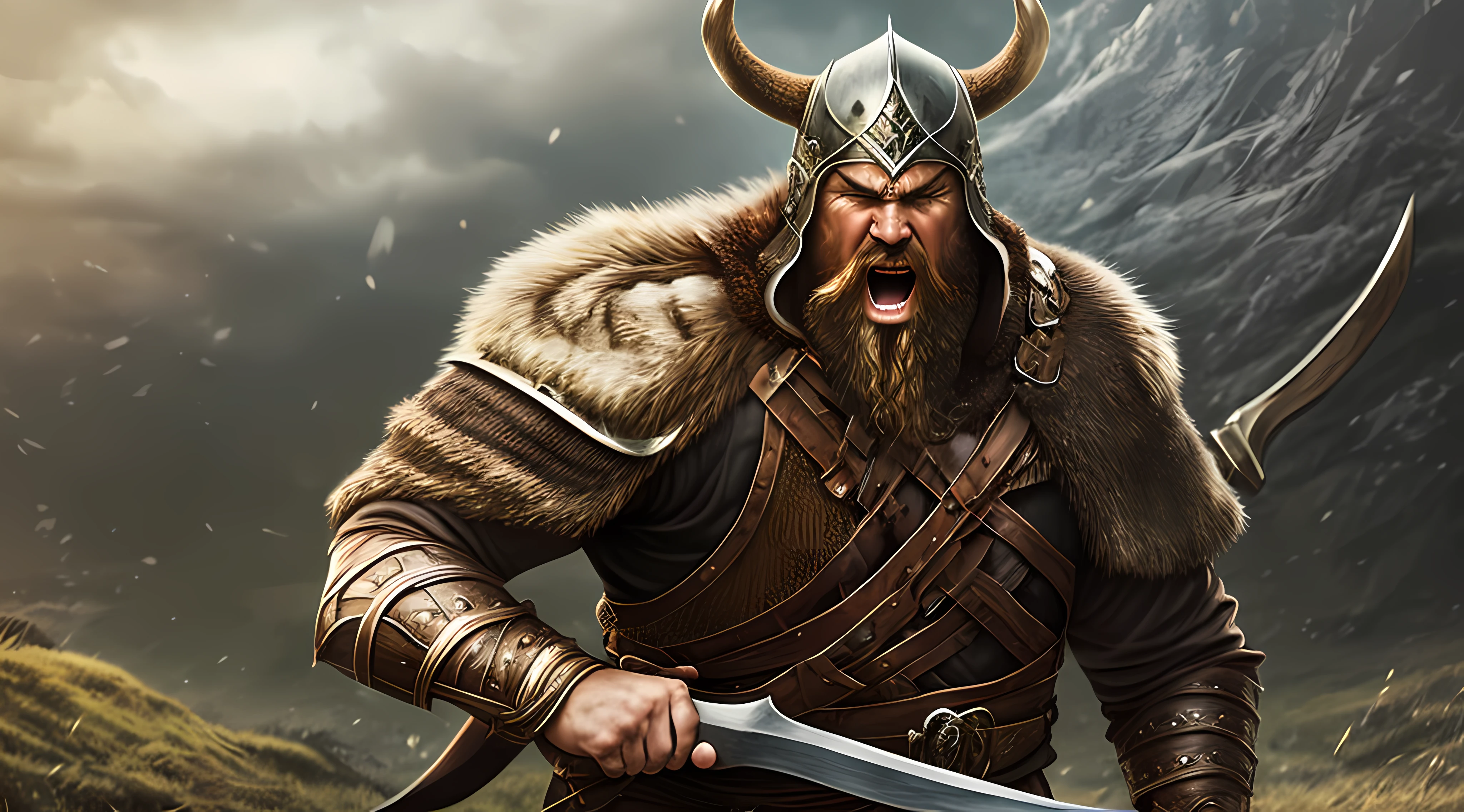 Create a realistic depiction of a Viking warrior in the midst of a battle cry, gripping a large axe with both hands. The Viking should have a fierce and intense expression, with his mouth wide open and his eyes filled with determination. Pay close attention to the details of his face, including furrowed brows and visible veins, to capture the intensity of the moment. Show the Viking wearing traditional Viking attire, such as a horned helmet, chainmail armor, and fur-lined clothing, to reflect historical accuracy. Render the texture of the Viking's rugged and weathered skin, as well as the intricate patterns on his armor and weapon. Consider using a dynamic pose to convey the Viking's power and energy, with his muscles tensed and his body in motion. Incorporate a background that complements the scene, such as a misty battlefield or a Viking longship in the distance. Use a realistic color palette to enhance the overall impact of the artwork. Enjoy the process of bringing this fierce Viking warrior to life with authenticity and attention to detail! --auto