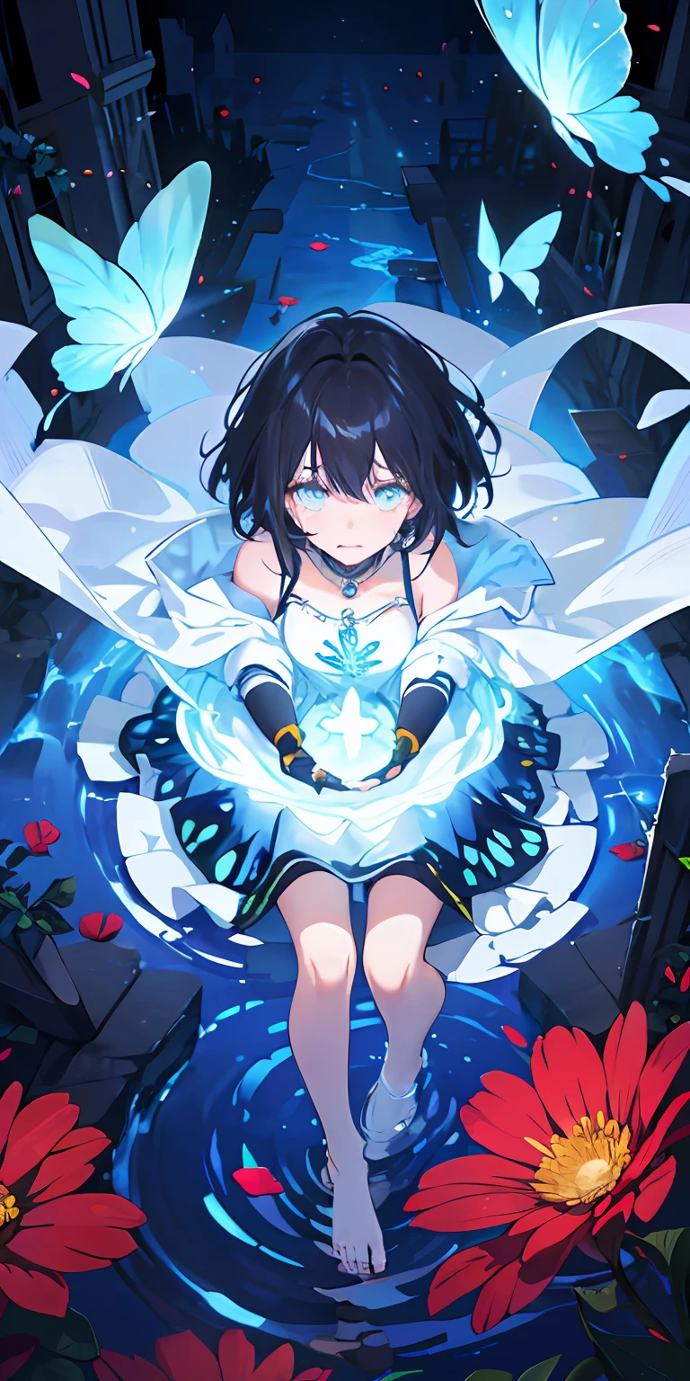 (Well-trimmed drawing),(Overhead view),Dynamic angle,Ultra detail, illustration, close-up, straight, single girl, (Fantasy:1.4), (Silver Eyes:1.233),Jewel-like eyes,(Glowing eyes:1.233),(Beautiful and delicate eyes:1.1),(Black hair:1.14),(Unkempt hair,Short hair,Hair between the eyes,Side locked), (Chiffon Dress, Blue floral pattern on uniform) /= (Military uniform: 1.24),(Sleeveless,Wide sleeve),(Fingerless gloves),Tattered clothes,Torn clothes,Choker,(Priestess Niso),Barefoot,(Expression of despair),(Crying and breaking down), Broken World,Ragnarok,Dark World,(Ancient palace in ruins),(Red Flower,Flower),(Deep Sea),(Flowing Water),(Dull Blue World Tree:1.14),(Ruins),(Night: 1.2 ), moonlight,dreamy,soul,(fluorescence),(translucent blue butterfly flight:1.15),[[delicate fingers and hands:0.55]::0.85],(fine fingers),