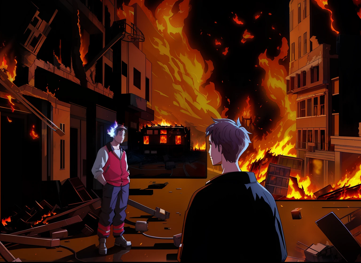 There are two men standing in front of a fire, scene on fire in the background, the background is on fire, heartbreaking. digital illustration, city on fire in the background, background art, stylized urban fantasy art, city destroyed in flames, stylized digital illustration, houses on fire, dystopian digital art, drawn with photoshop, coming out of the flames
