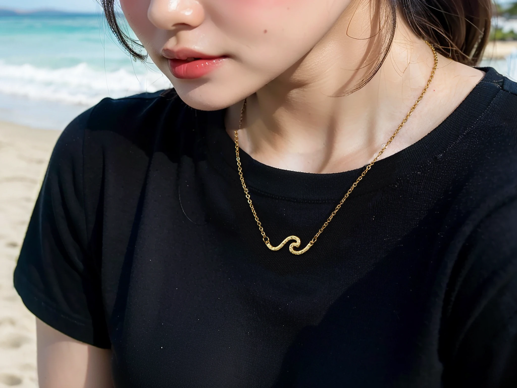 (Best Quality, 8k, 32k, Masterpiece, UHD: 1.2), cute Japan woman photo, very short bob hair, upper body, face focus, silver necklace, hawaii beach background, from above, watch the viewer,black t-shirt,