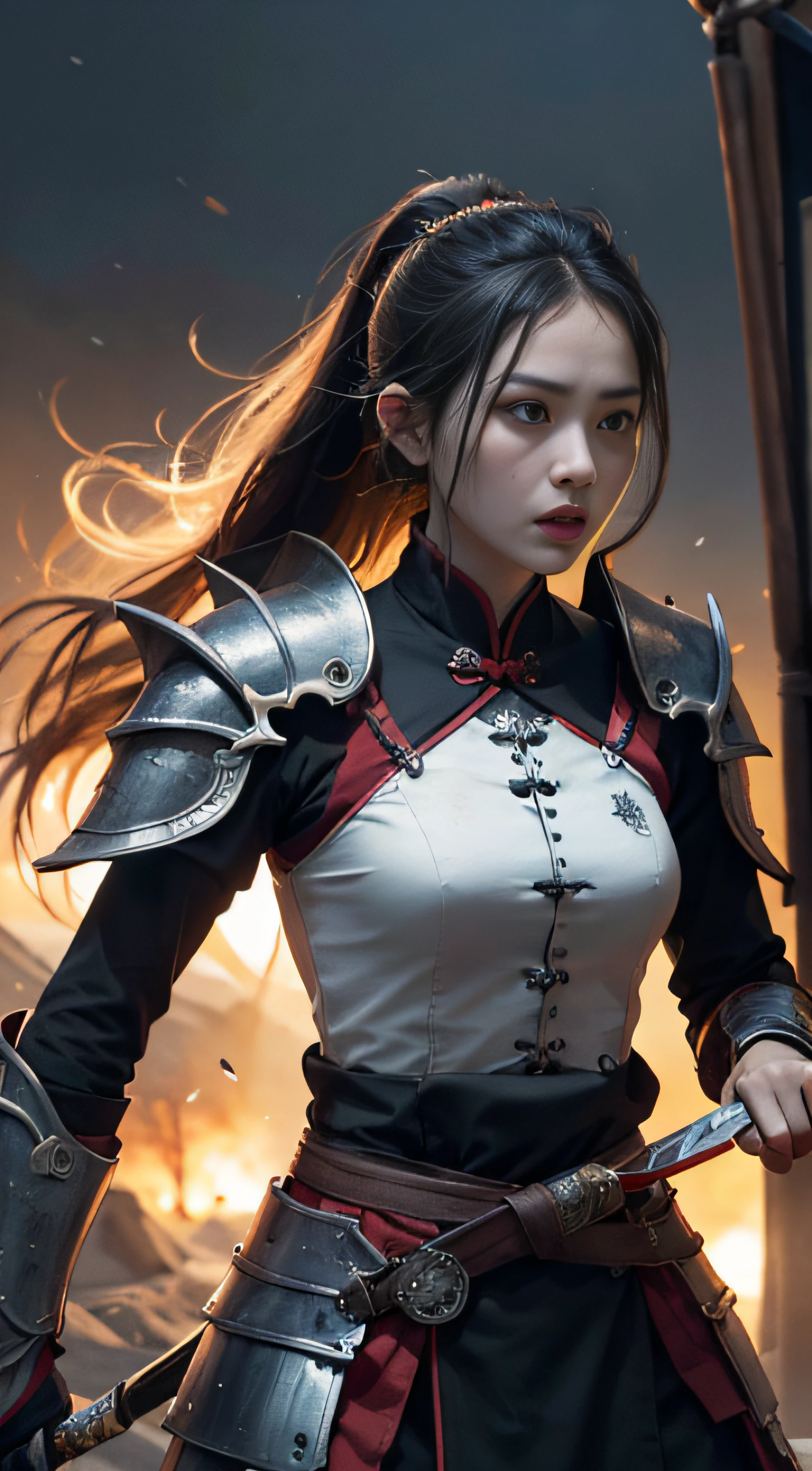 (Positive Focus), (In the Dark: 1), (Best Quality), (Realisticity: 1), Movie Poster, Realistic Skin Texture, Highly Detailed, 8k Wallpaper, Volume Lighting, Dynamic Lighting, A Girl, Long Black Hair, Ponytail, Black Metal Armor, Red Belt, Black Armor, Shoulder Armor, Waist Guard, Hand Guard, Veil, Holding a Long Sword in front of Body, Ancient Chinese Style, Short Sword at the Waist Attacking Posture, Lots of Blood, Damaged Clothes, Ancient Chinese Battlefield, A Group of Ancient Soldiers Chasing and Killing, Arrows Flying, War, night, dramatic composition, sword qi surrounding, rich picture detail, war, movie lighting,