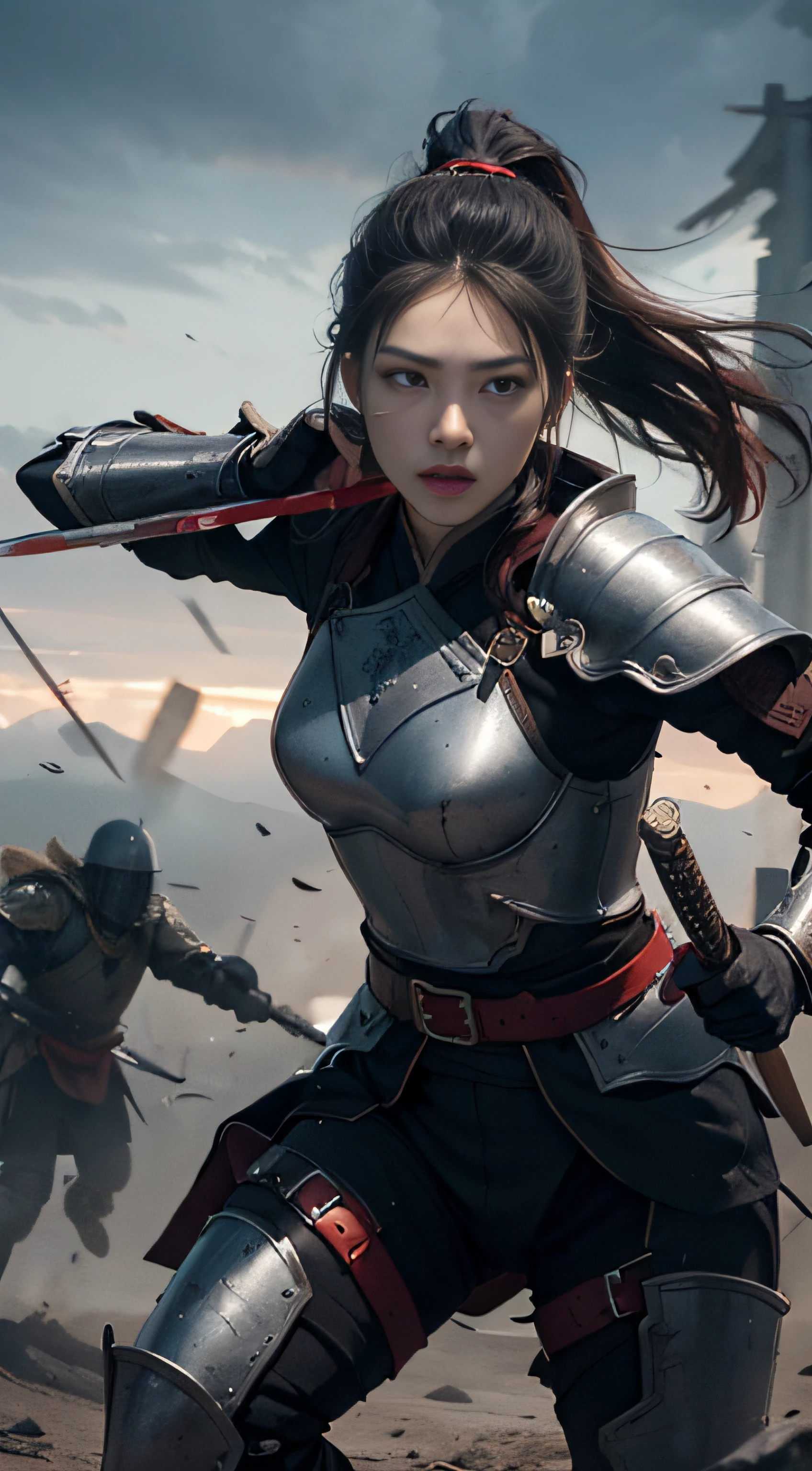 (Positive Focus), (In the Dark: 1), (Best Quality), (Realisticity: 1), Movie Poster, Realistic Skin Texture, Highly Detailed, 8k Wallpaper, Volume Lighting, Dynamic Lighting, A Girl, Long Black Hair, Ponytail, Black Metal Armor, Red Belt, Black Armor, Shoulder Armor, Waist Guard, Hand Guard, Veil, Holding a Long Sword in front of Body, Ancient Chinese Style, Short Sword at the Waist Attacking Posture, Lots of Blood, Damaged Clothes, Ancient Chinese Battlefield, A Group of Ancient Soldiers Chasing and Killing, Arrows Flying, War, night, dramatic composition, sword qi surrounding, rich picture detail, war, movie lighting,